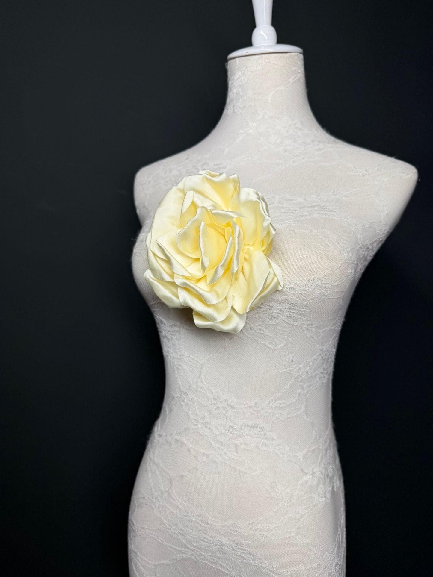 Cream Handmade Satin Corsage Flower, Pin-On Brooch (6" Wide)