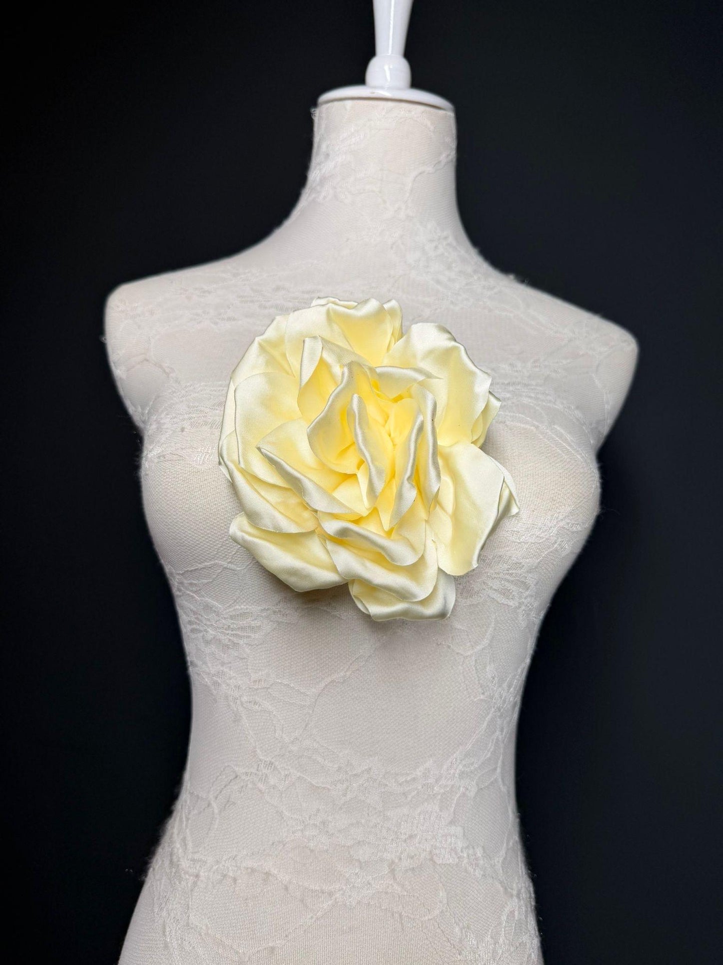 Cream Handmade Satin Corsage Flower, Pin-On Brooch (6" Wide)