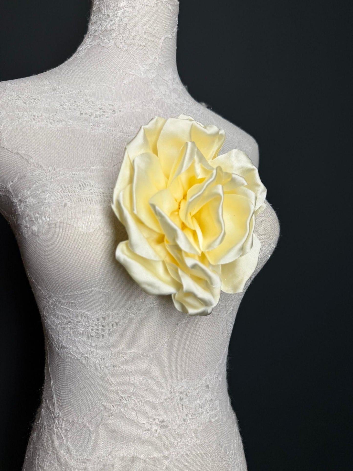 Cream Handmade Satin Corsage Flower, Pin-On Brooch (6" Wide)