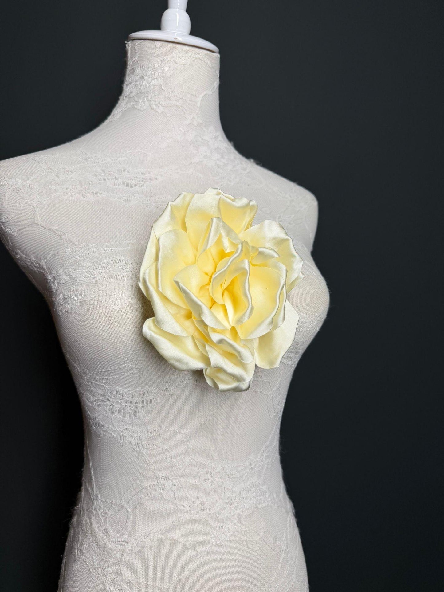Cream Handmade Satin Corsage Flower, Pin-On Brooch (6" Wide)