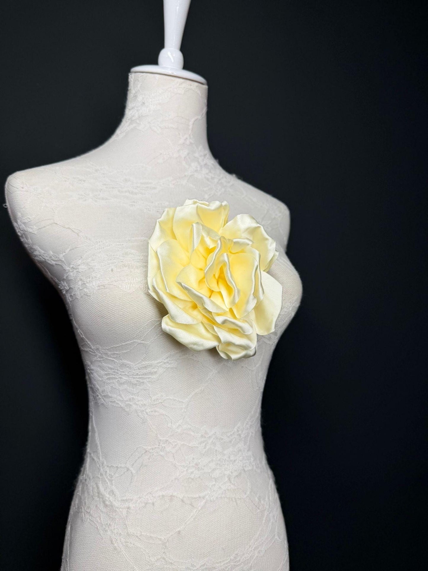 Cream Handmade Satin Corsage Flower, Pin-On Brooch (6" Wide)