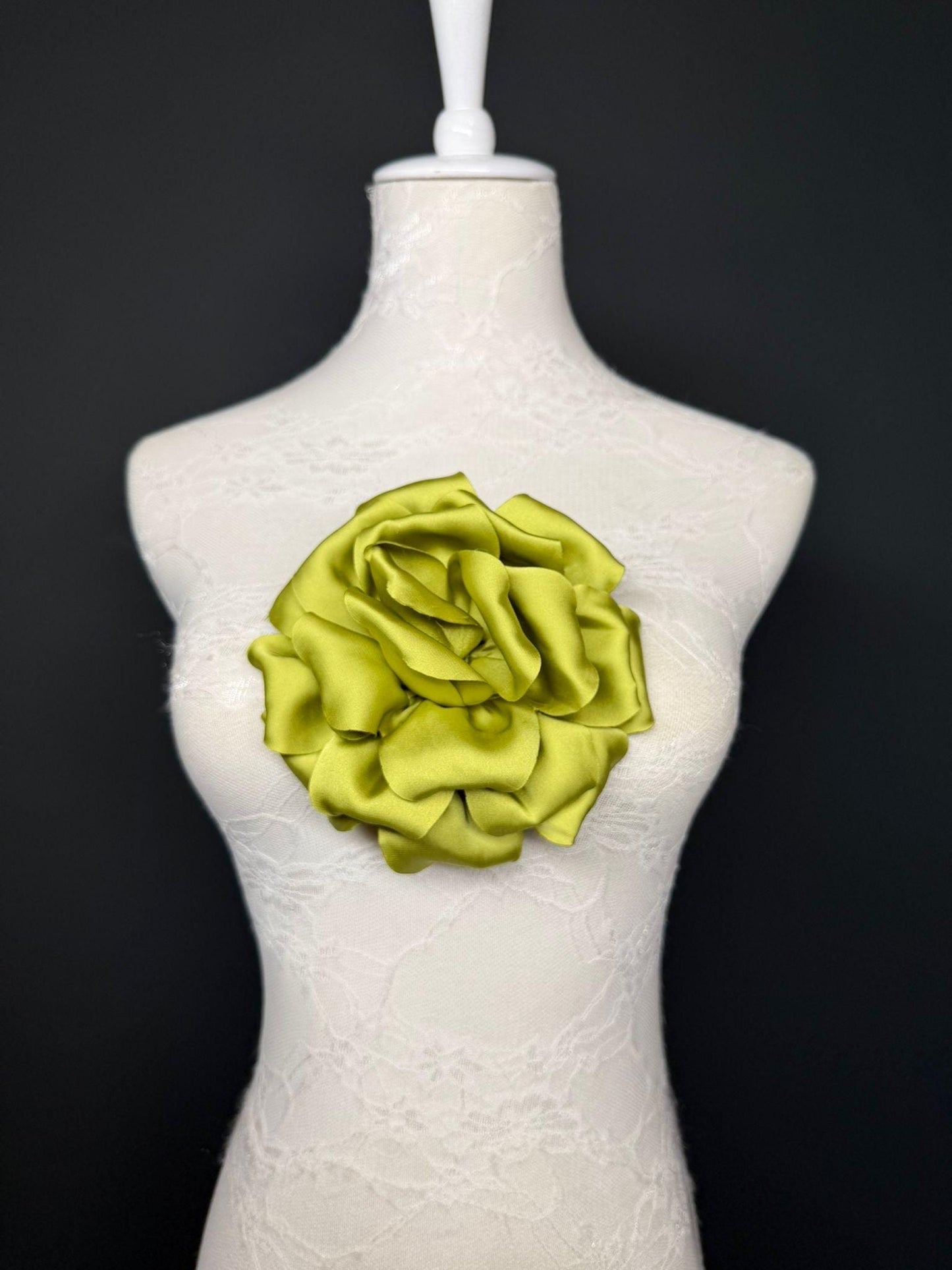 Green Handmade Satin Corsage Flower, Pin-On Brooch (6" Wide)