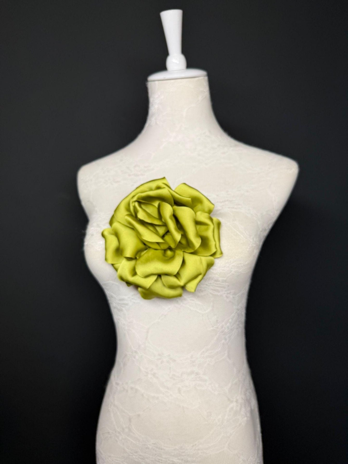 Green Handmade Satin Corsage Flower, Pin-On Brooch (6" Wide)