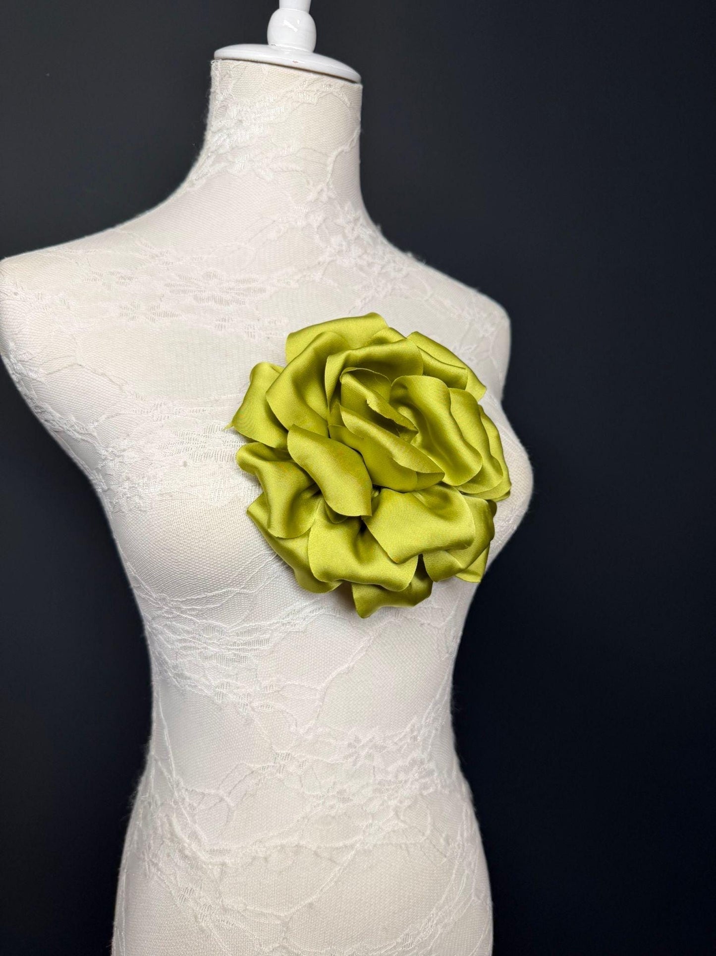 Green Handmade Satin Corsage Flower, Pin-On Brooch (6" Wide)