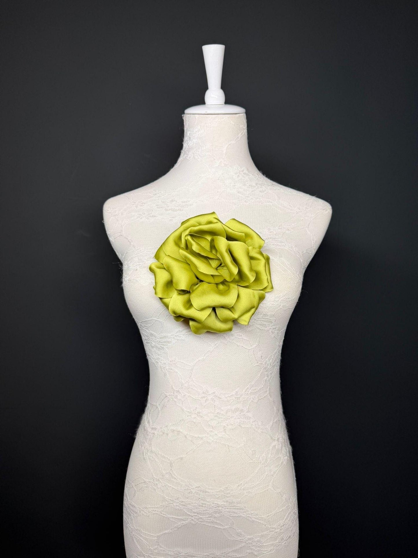 Green Handmade Satin Corsage Flower, Pin-On Brooch (6" Wide)