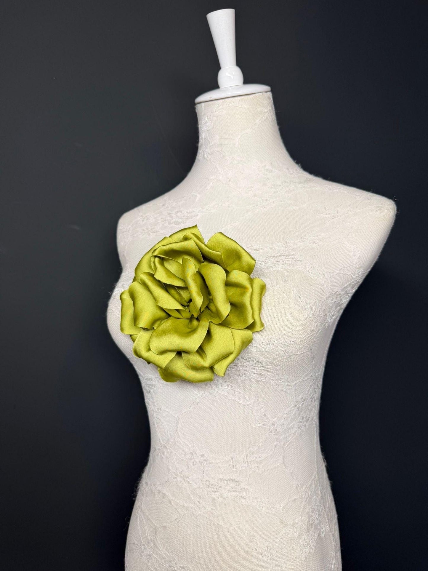 Green Handmade Satin Corsage Flower, Pin-On Brooch (6" Wide)