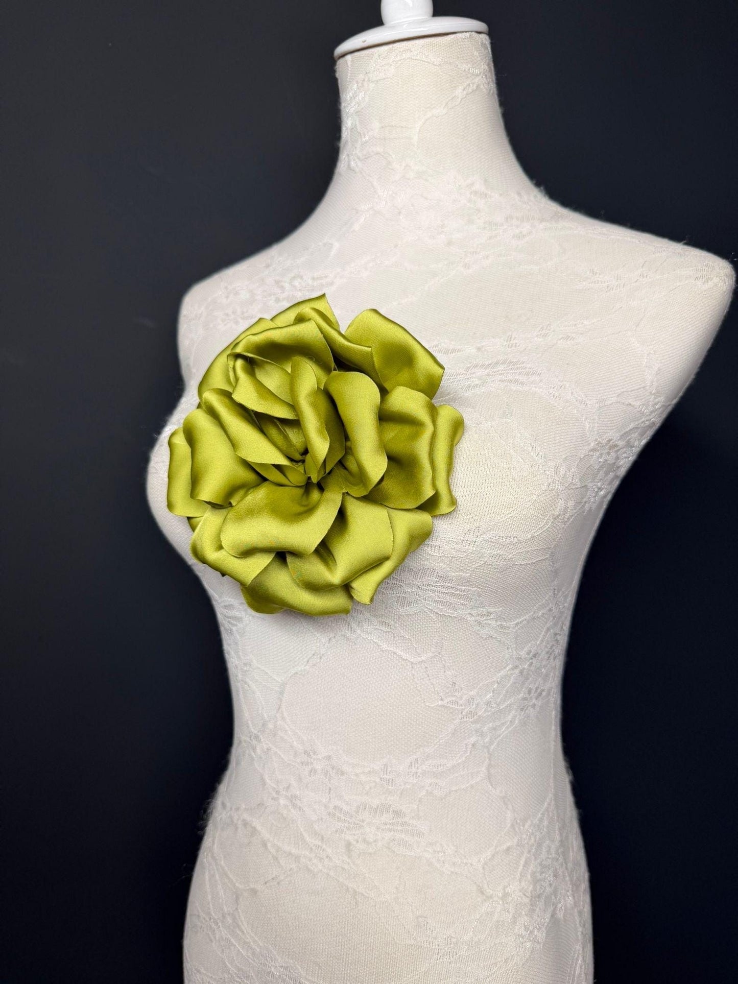 Green Handmade Satin Corsage Flower, Pin-On Brooch (6" Wide)