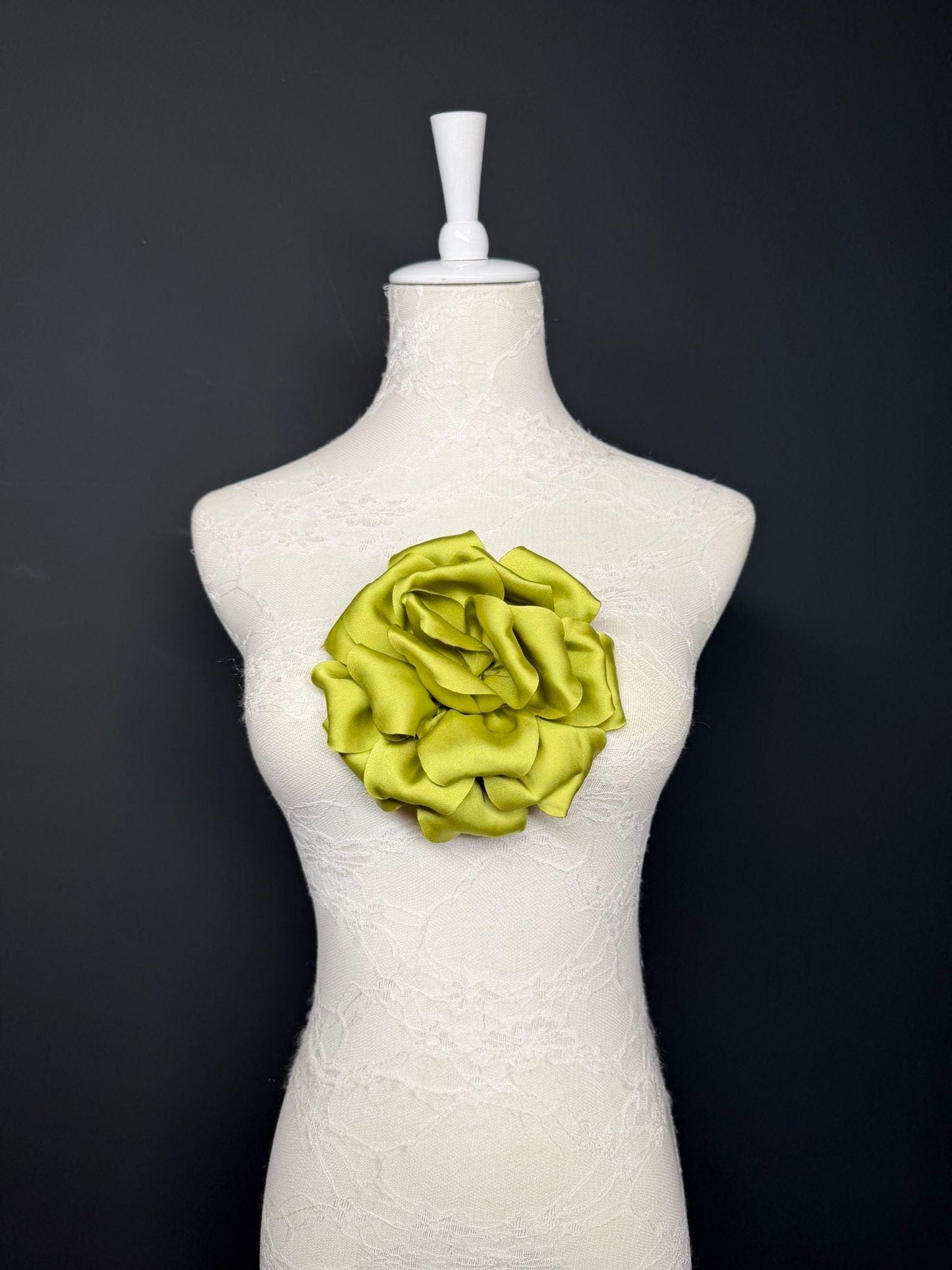 Green Handmade Satin Corsage Flower, Pin-On Brooch (6" Wide)