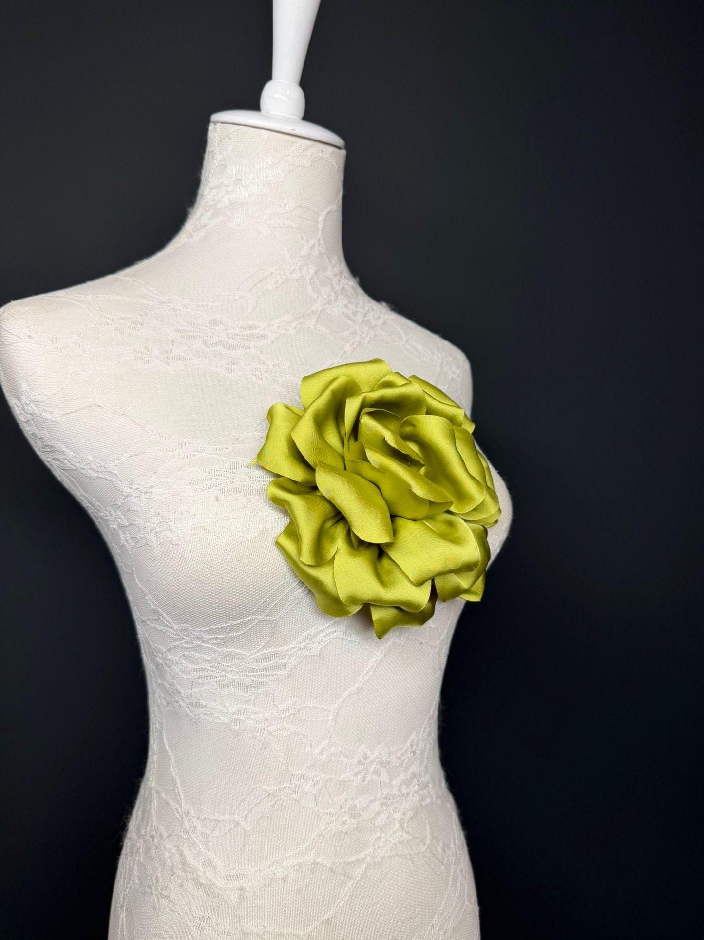 Green Handmade Satin Corsage Flower, Pin-On Brooch (6" Wide)