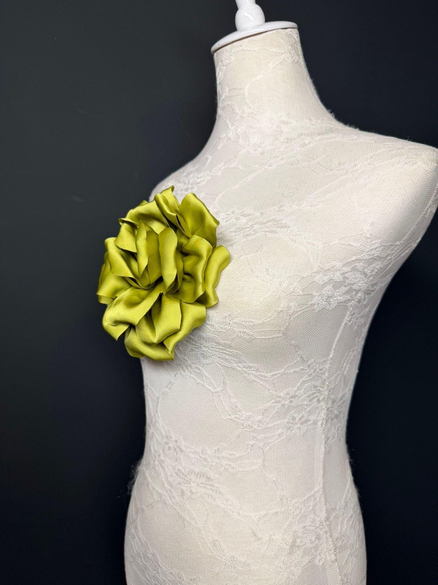 Green Handmade Satin Corsage Flower, Pin-On Brooch (6" Wide)