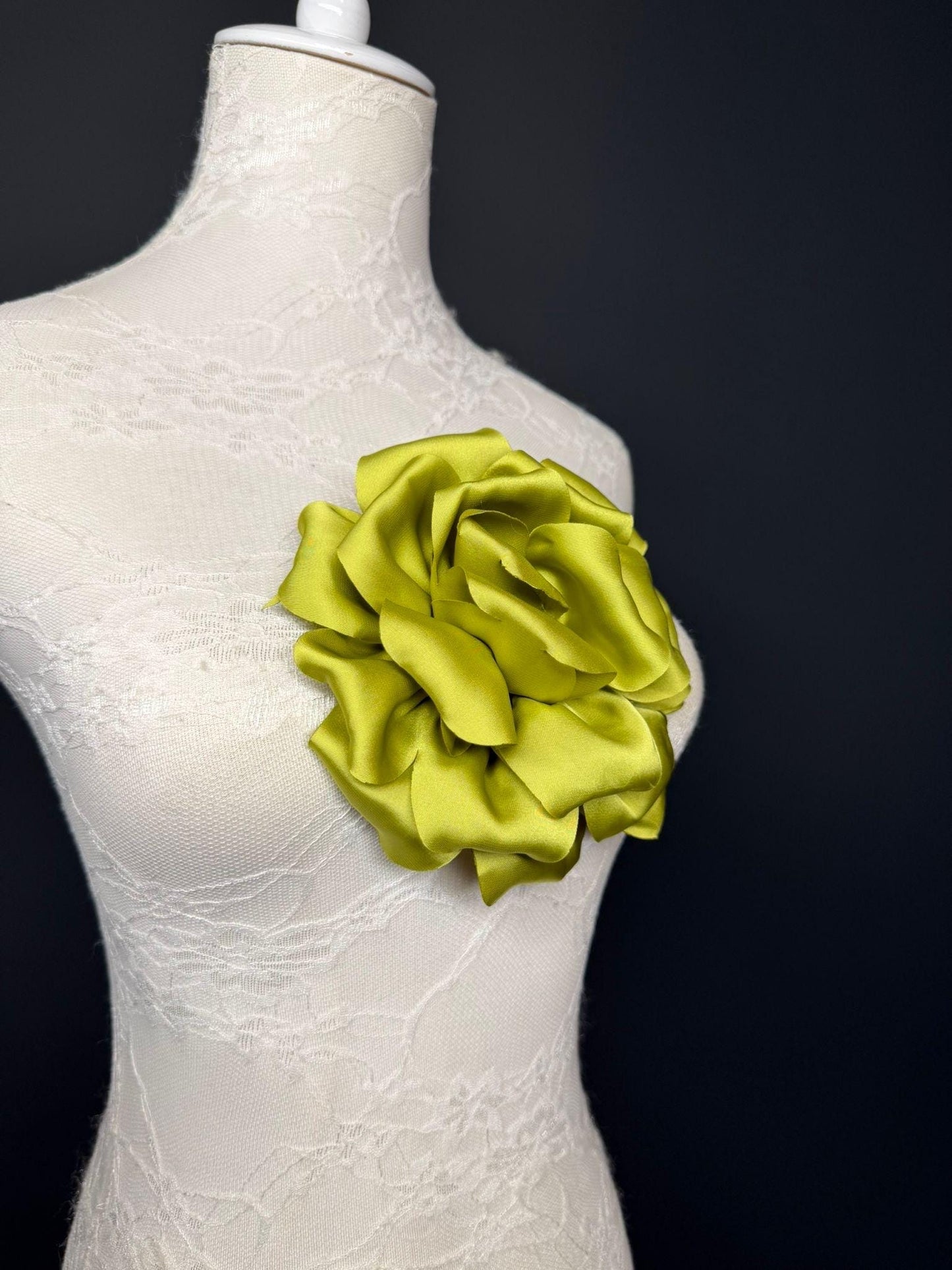 Green Handmade Satin Corsage Flower, Pin-On Brooch (6" Wide)