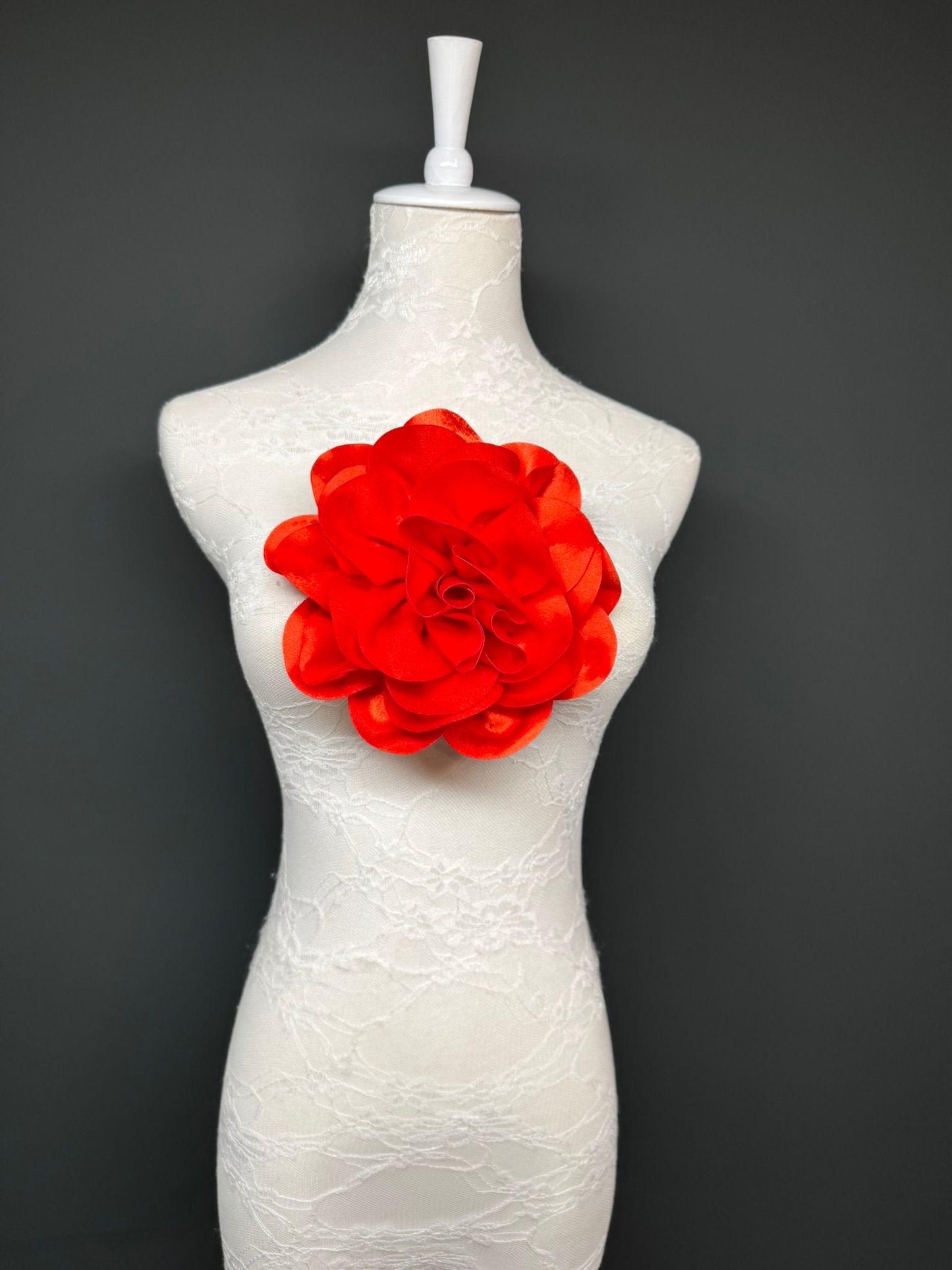 Large 3D Corsage Flower, Luxurious Satin Fabric, 12 Colours, 20cm, 8” Wide, Pin on, Bridal, Dress, Hair, Wedding, Race Day, Scarlet