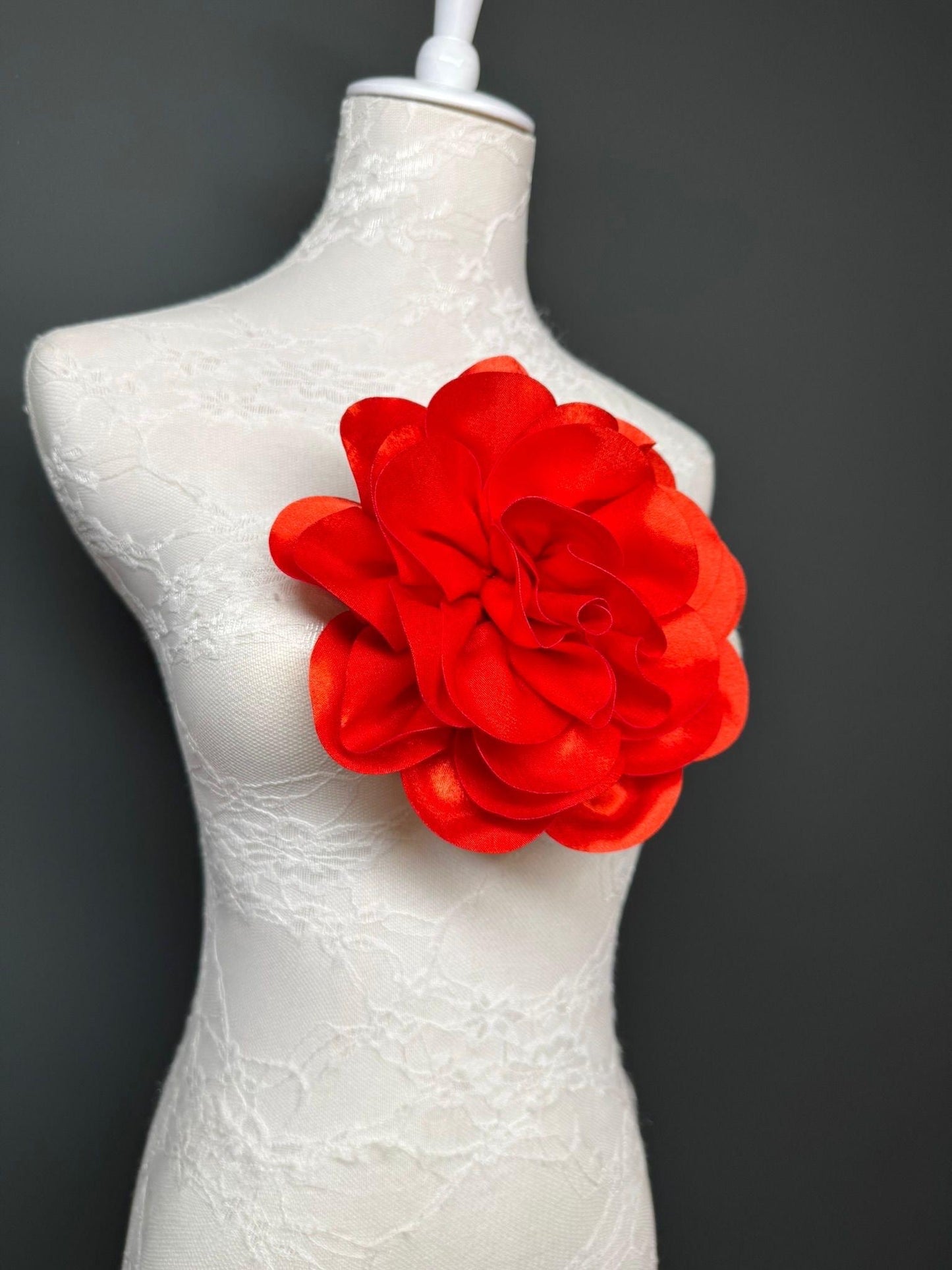 Large 3D Corsage Flower, Luxurious Satin Fabric, 12 Colours, 20cm, 8” Wide, Pin on, Bridal, Dress, Hair, Wedding, Race Day, Scarlet
