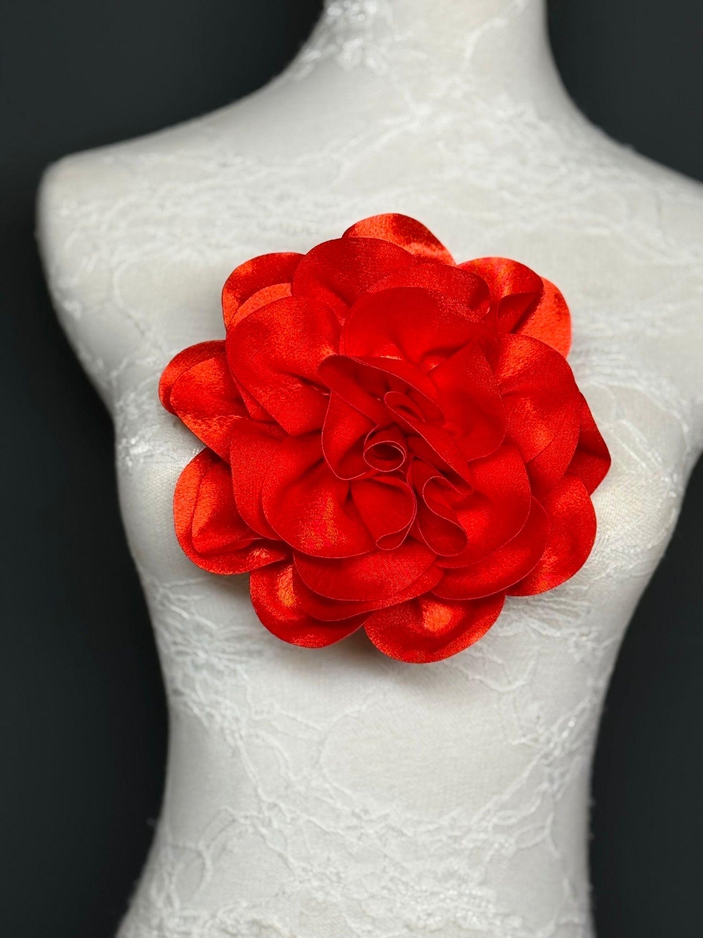 Large 3D Corsage Flower, Luxurious Satin Fabric, 12 Colours, 20cm, 8” Wide, Pin on, Bridal, Dress, Hair, Wedding, Race Day, Scarlet