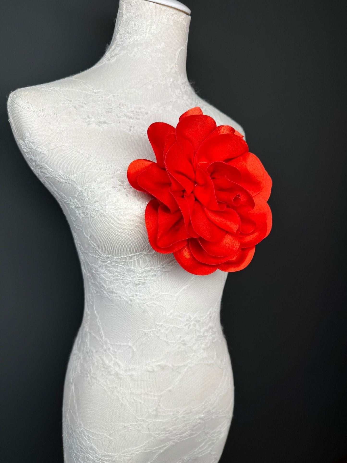Large 3D Corsage Flower, Luxurious Satin Fabric, 12 Colours, 20cm, 8” Wide, Pin on, Bridal, Dress, Hair, Wedding, Race Day, Scarlet