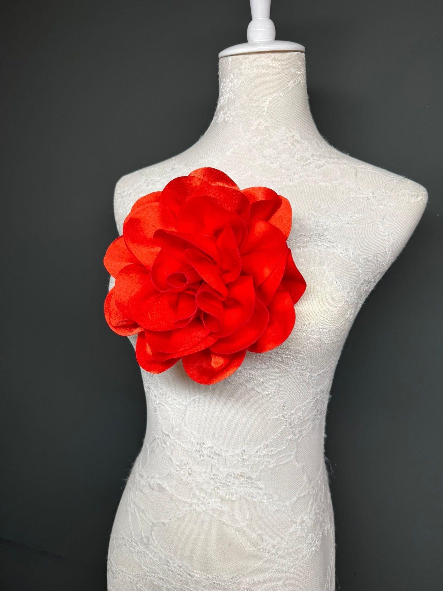 Large 3D Corsage Flower, Luxurious Satin Fabric, 12 Colours, 20cm, 8” Wide, Pin on, Bridal, Dress, Hair, Wedding, Race Day, Scarlet