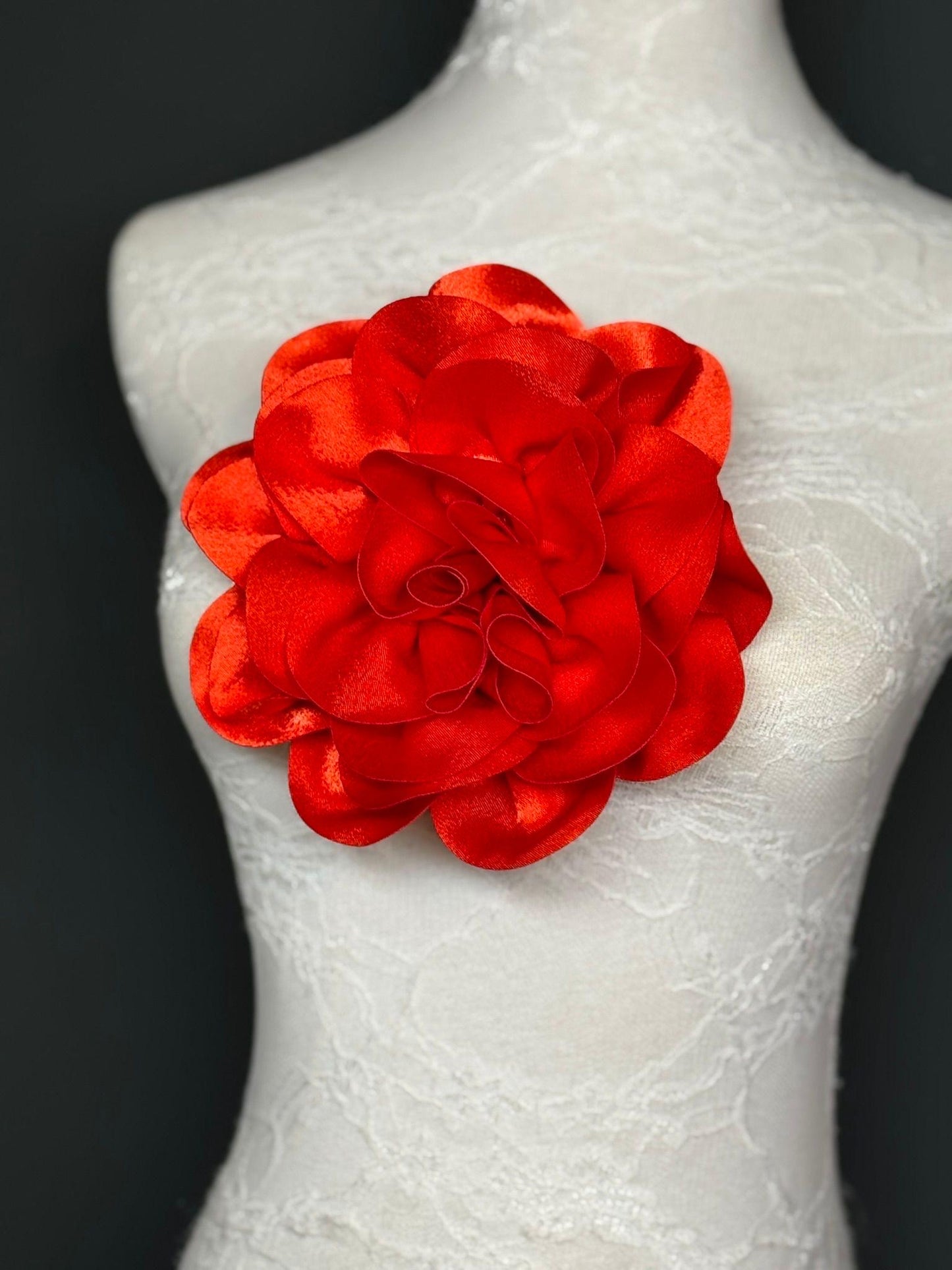 Large 3D Corsage Flower, Luxurious Satin Fabric, 12 Colours, 20cm, 8” Wide, Pin on, Bridal, Dress, Hair, Wedding, Race Day, Scarlet
