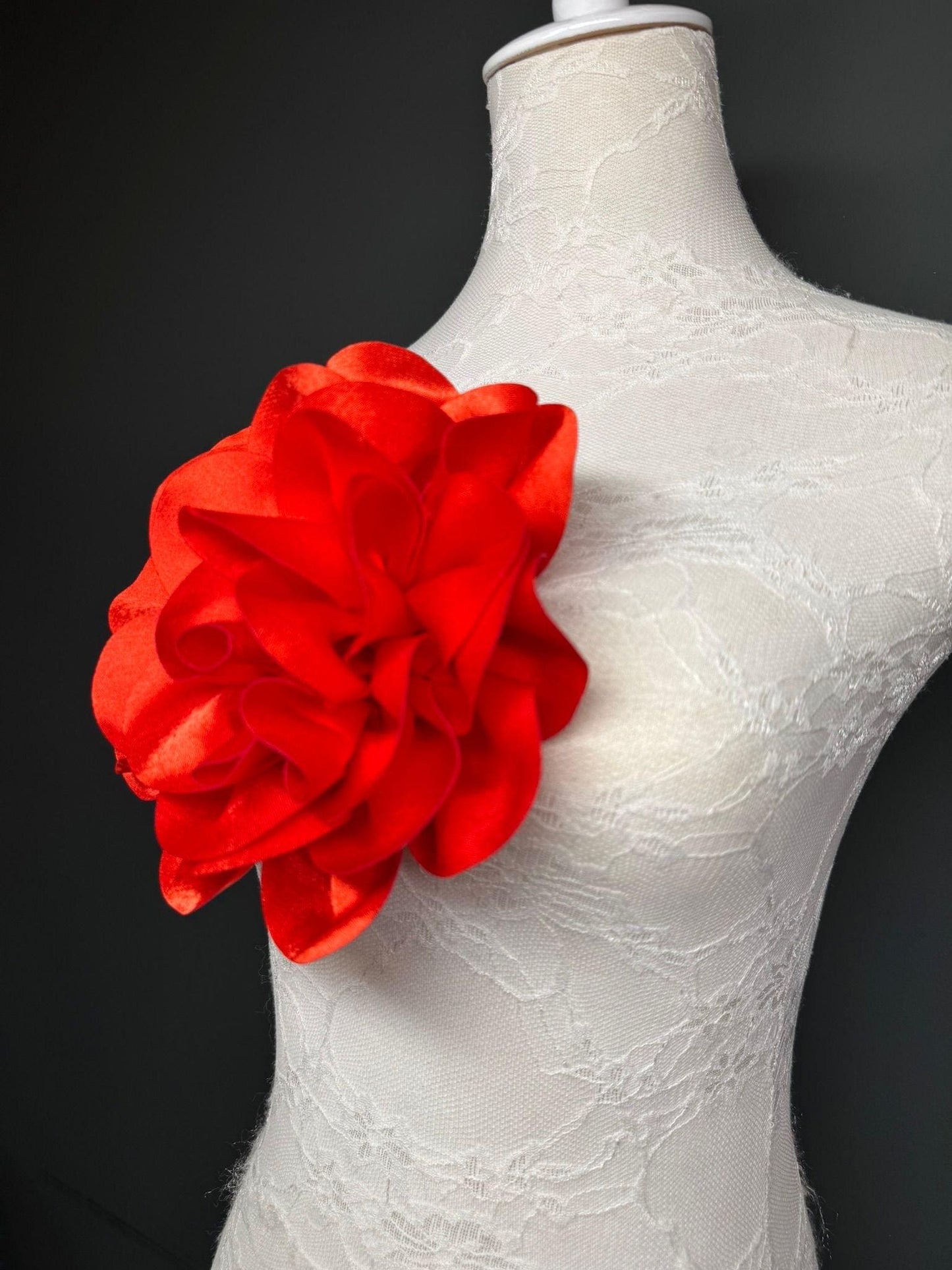 Large 3D Corsage Flower, Luxurious Satin Fabric, 12 Colours, 20cm, 8” Wide, Pin on, Bridal, Dress, Hair, Wedding, Race Day, Scarlet