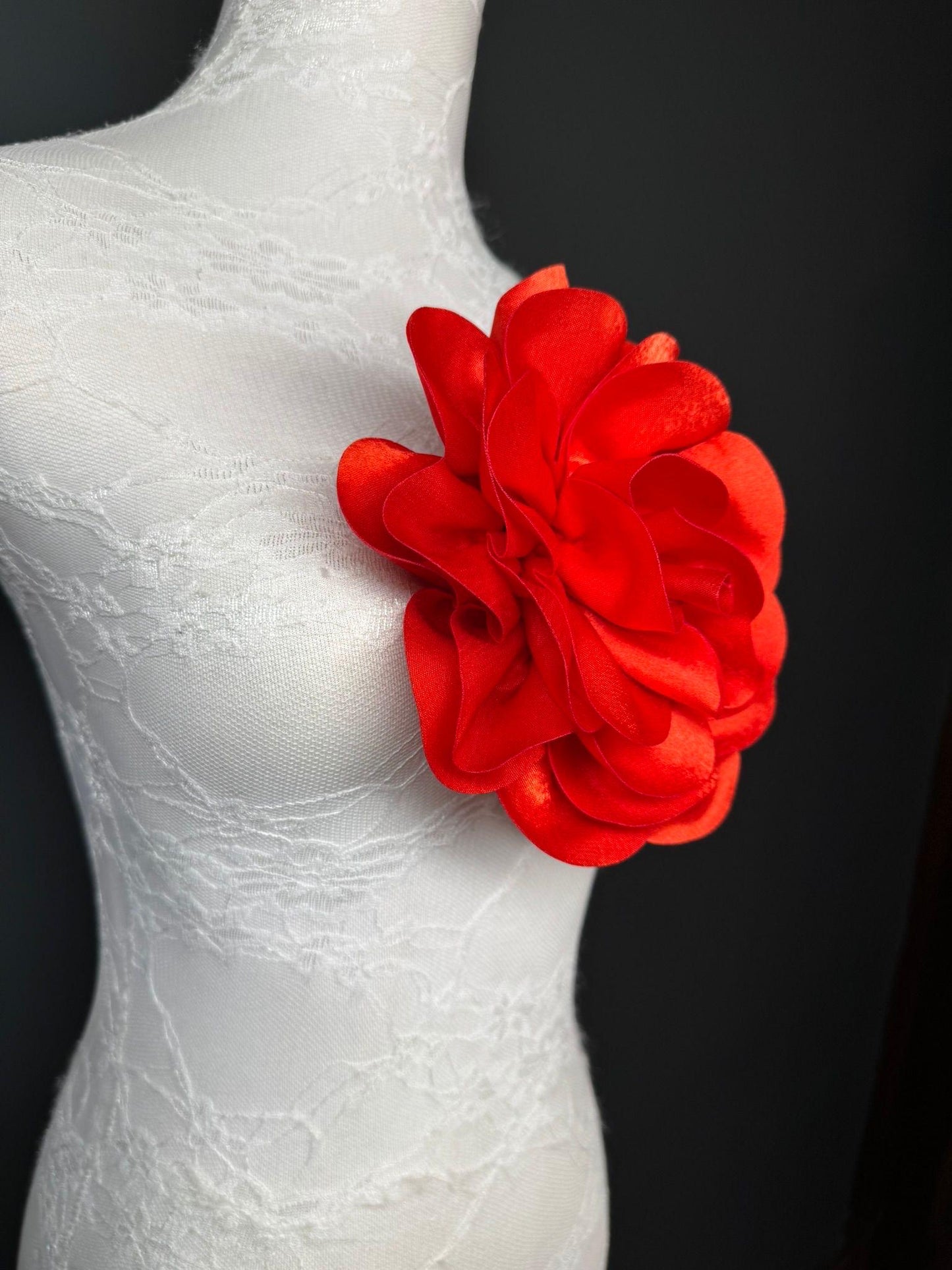Large 3D Corsage Flower, Luxurious Satin Fabric, 12 Colours, 20cm, 8” Wide, Pin on, Bridal, Dress, Hair, Wedding, Race Day, Scarlet