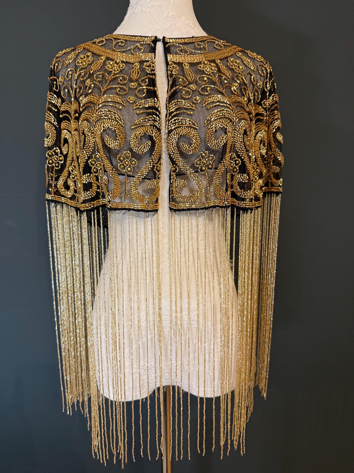 Beaded Fringe Cape Shawl – Handmade Gold or Silver Embellished Evening Wrap