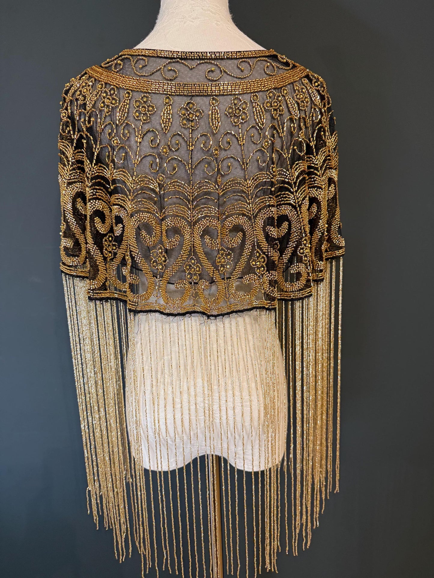 Beaded Fringe Cape Shawl – Handmade Gold or Silver Embellished Evening Wrap