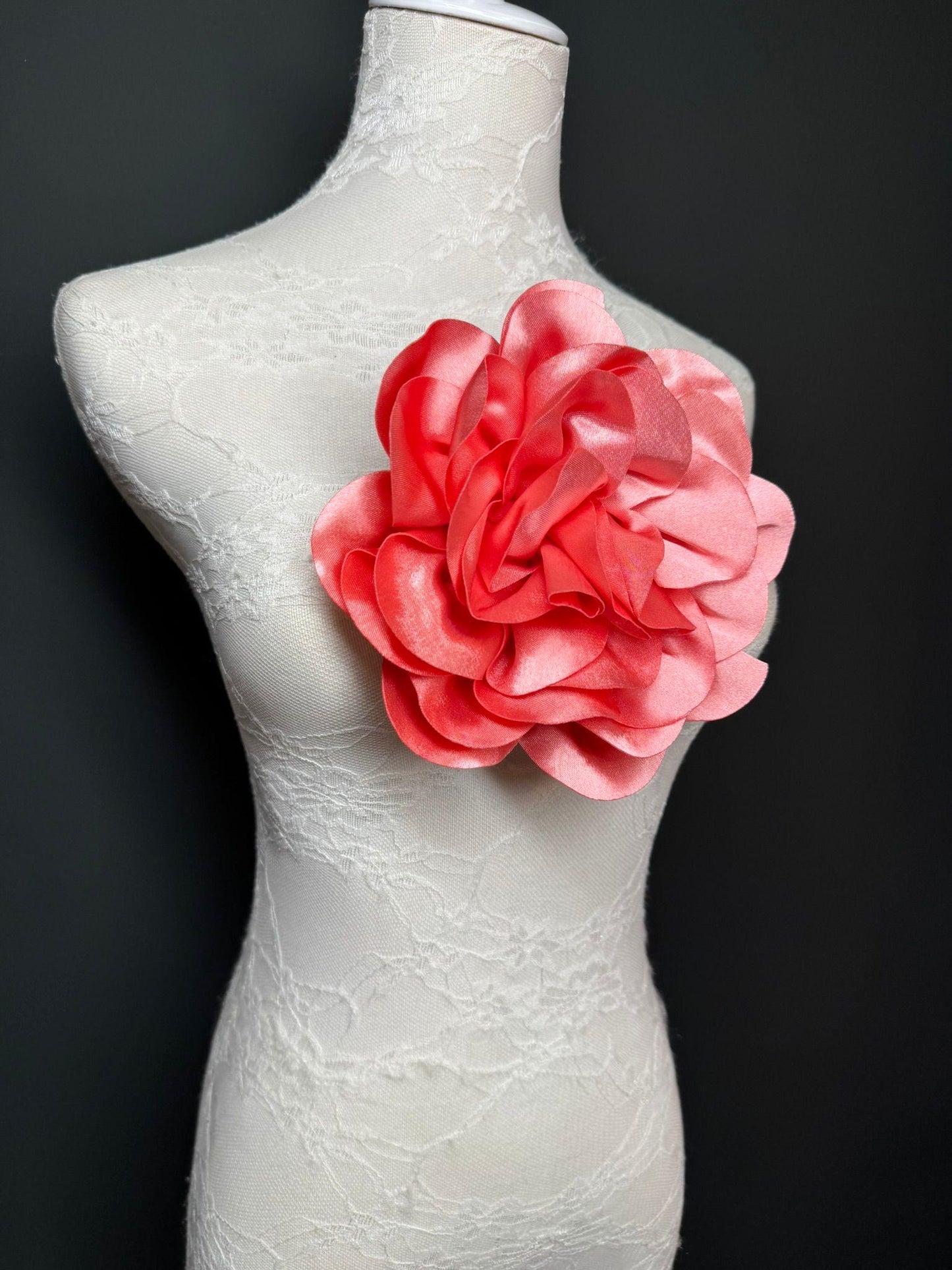 Large 3D Corsage Flower, Luxurious Satin Fabric, 12 Colours, 20cm, 8” Wide, Pin on, Bridal, Dress, Hair, Wedding, Race Day, Coral Pink