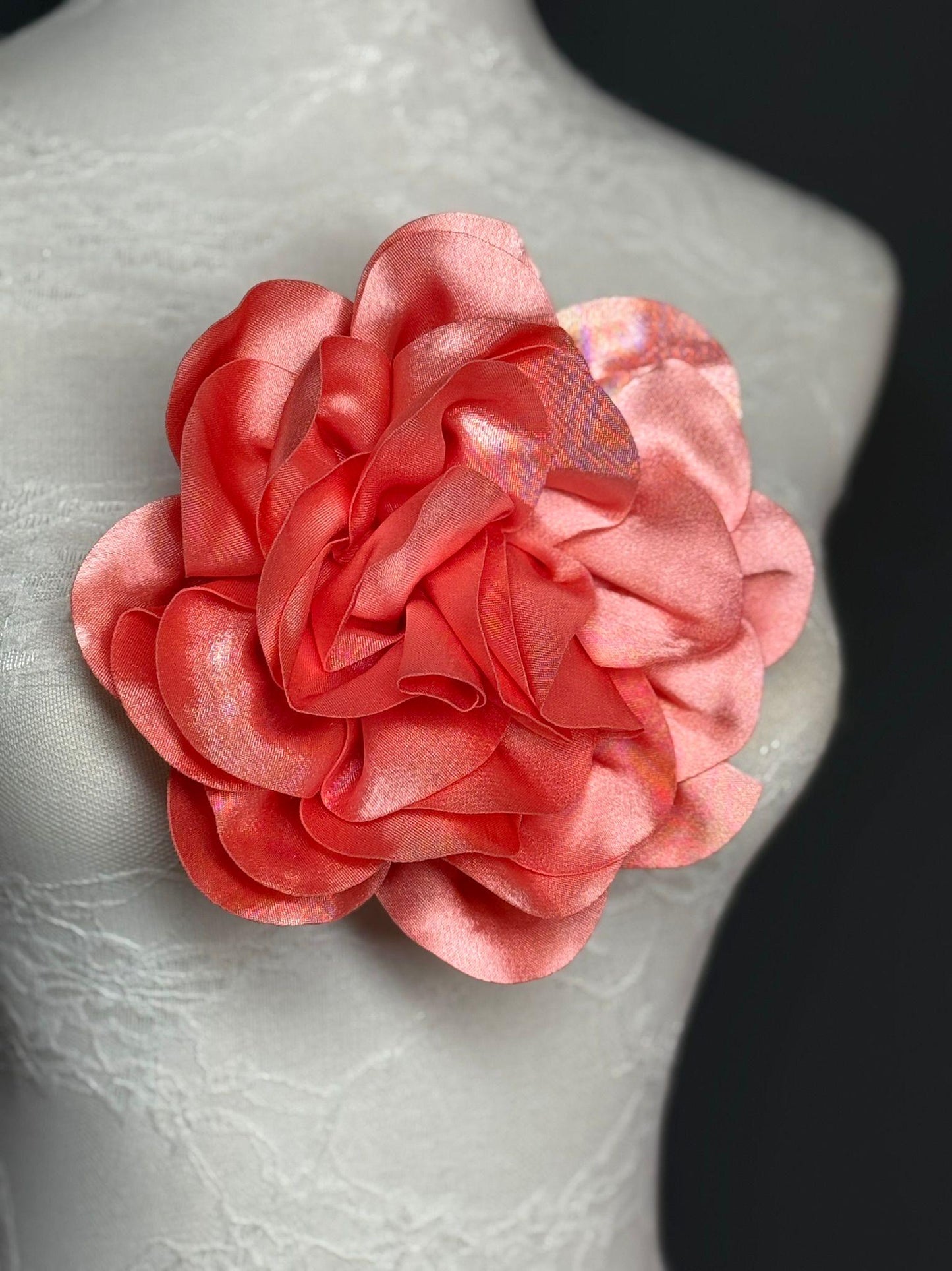 Large 3D Corsage Flower, Luxurious Satin Fabric, 12 Colours, 20cm, 8” Wide, Pin on, Bridal, Dress, Hair, Wedding, Race Day, Coral Pink