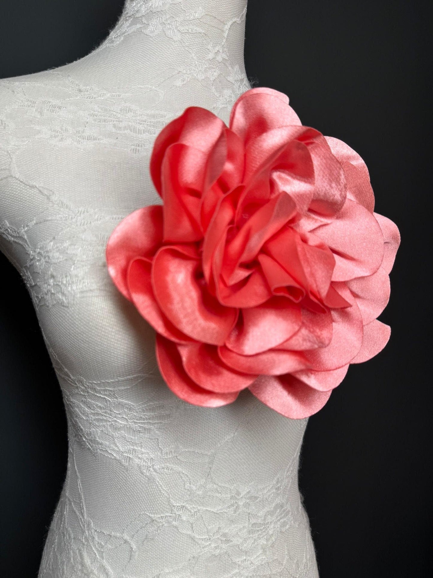 Large 3D Corsage Flower, Luxurious Satin Fabric, 12 Colours, 20cm, 8” Wide, Pin on, Bridal, Dress, Hair, Wedding, Race Day, Coral Pink