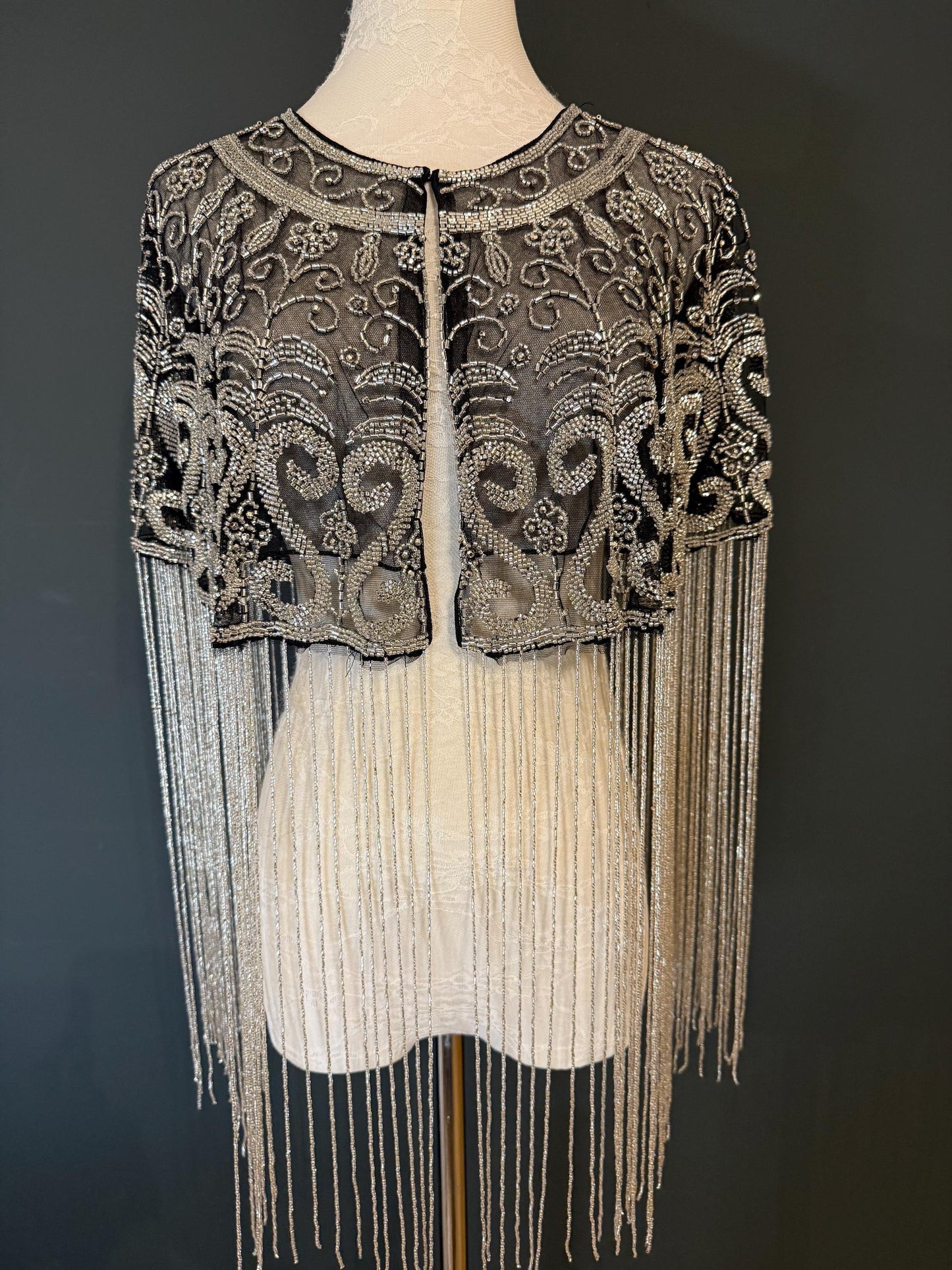 Beaded Fringe Cape Shawl – Handmade Gold or Silver Embellished Evening Wrap