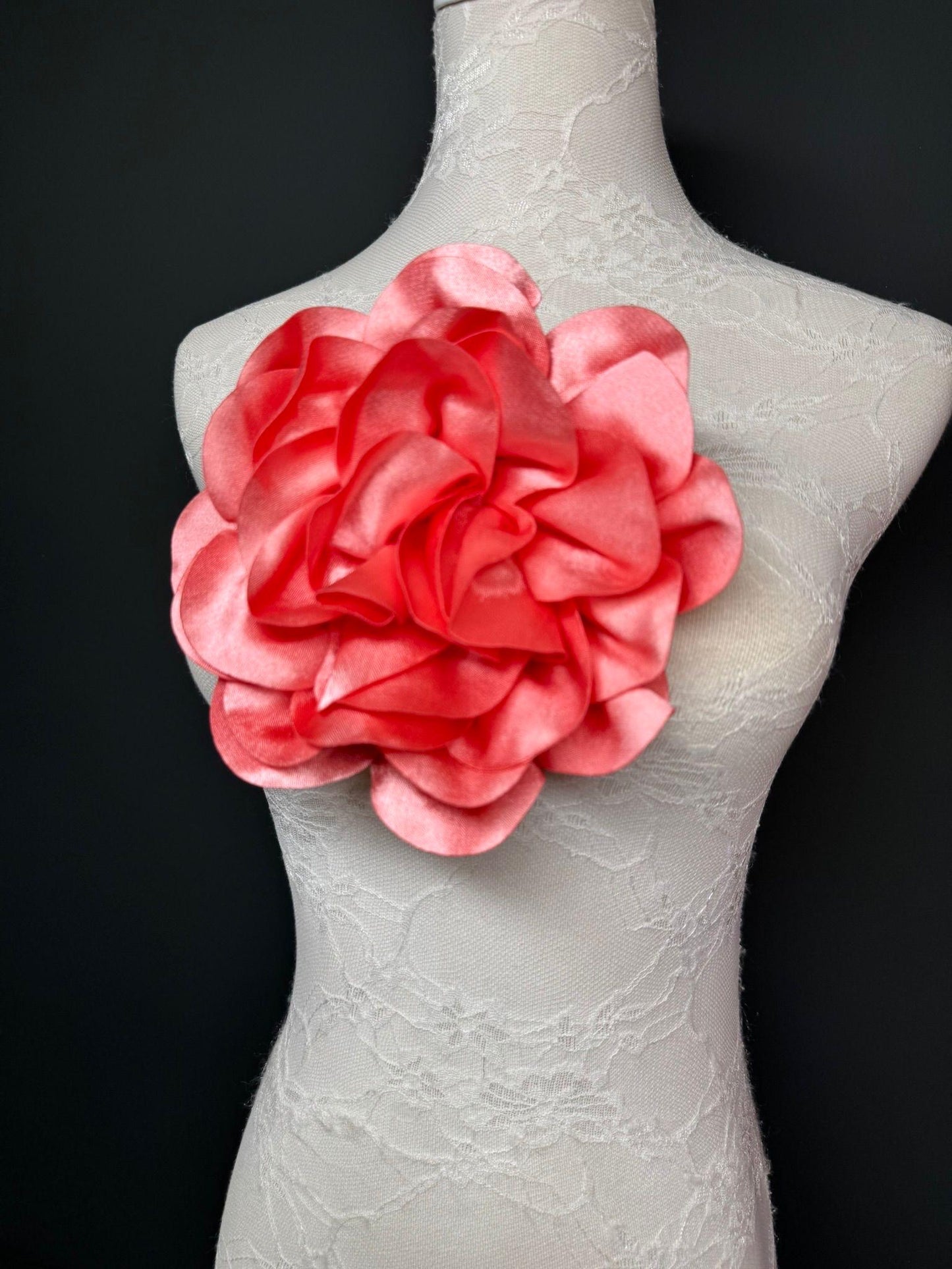 Large 3D Corsage Flower, Luxurious Satin Fabric, 12 Colours, 20cm, 8” Wide, Pin on, Bridal, Dress, Hair, Wedding, Race Day, Coral Pink