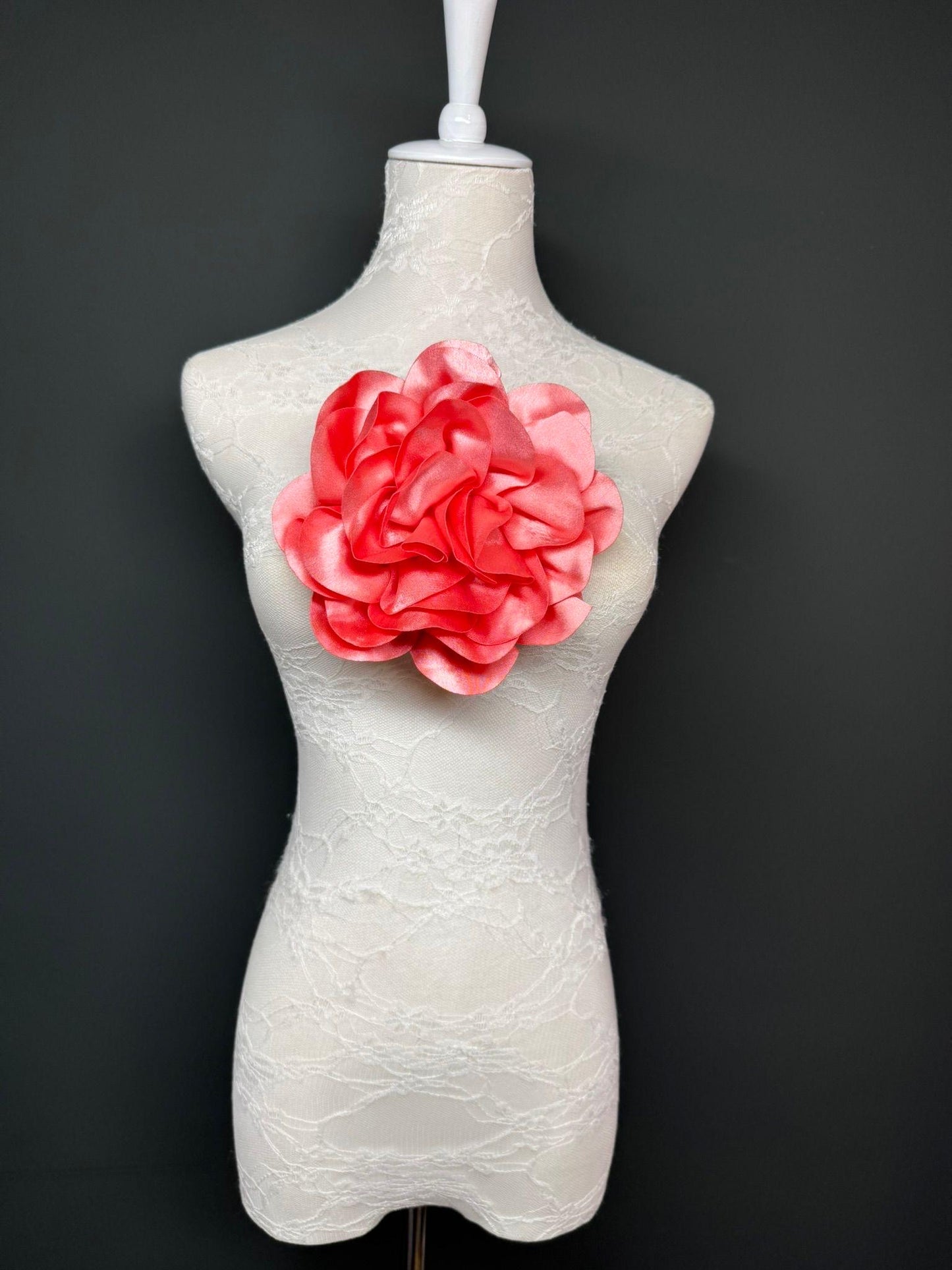 Large 3D Corsage Flower, Luxurious Satin Fabric, 12 Colours, 20cm, 8” Wide, Pin on, Bridal, Dress, Hair, Wedding, Race Day, Coral Pink