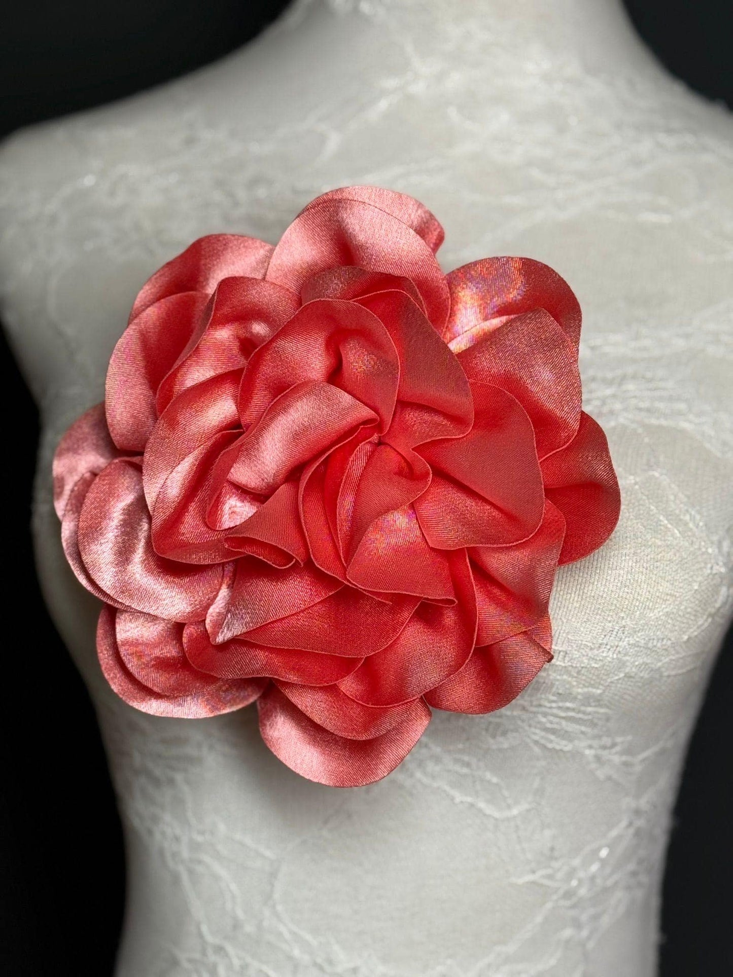 Large 3D Corsage Flower, Luxurious Satin Fabric, 12 Colours, 20cm, 8” Wide, Pin on, Bridal, Dress, Hair, Wedding, Race Day, Coral Pink