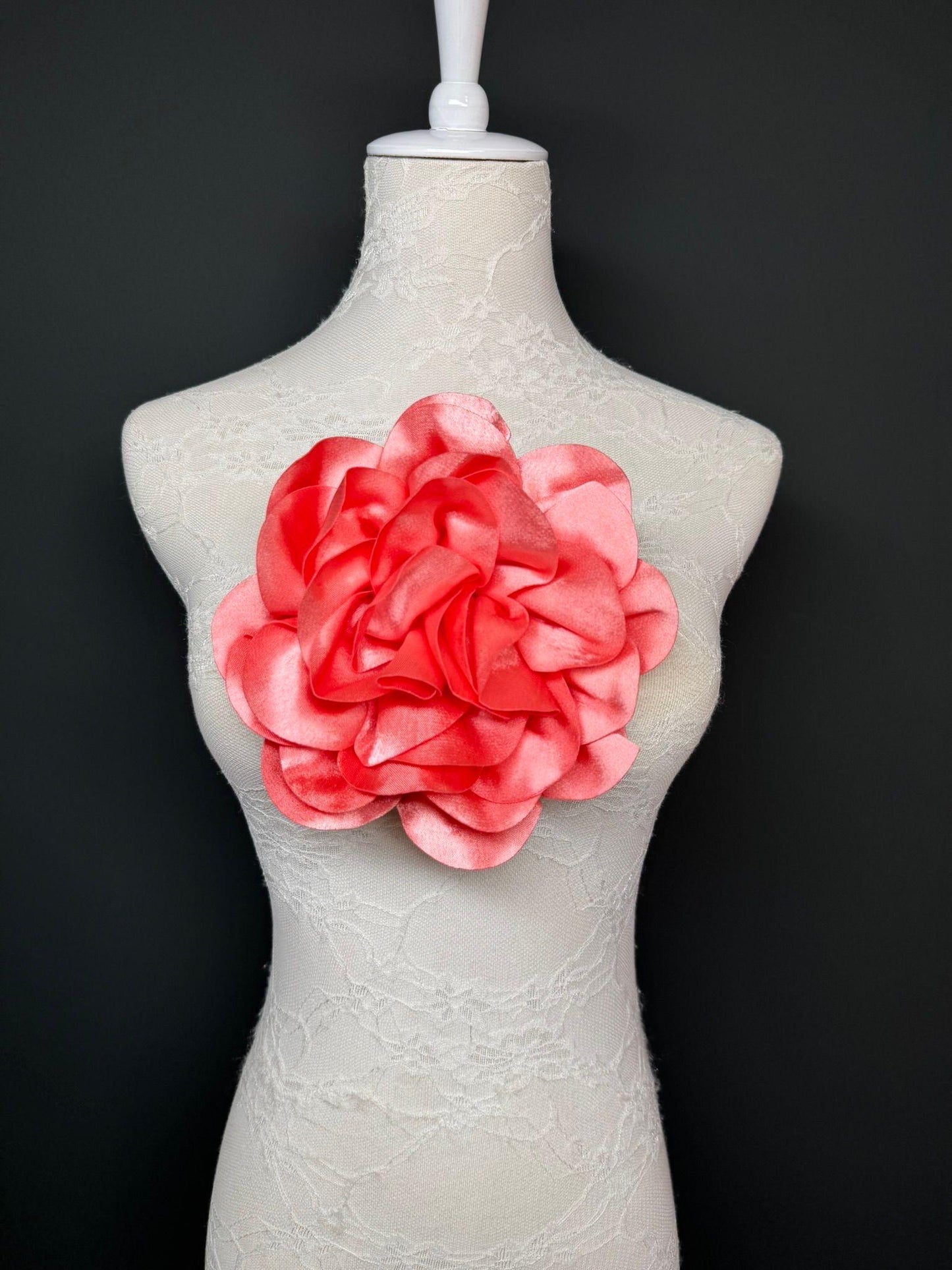 Large 3D Corsage Flower, Luxurious Satin Fabric, 12 Colours, 20cm, 8” Wide, Pin on, Bridal, Dress, Hair, Wedding, Race Day, Coral Pink
