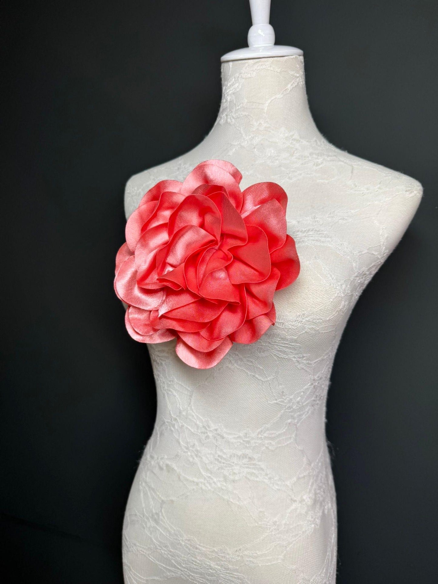 Large 3D Corsage Flower, Luxurious Satin Fabric, 12 Colours, 20cm, 8” Wide, Pin on, Bridal, Dress, Hair, Wedding, Race Day, Coral Pink