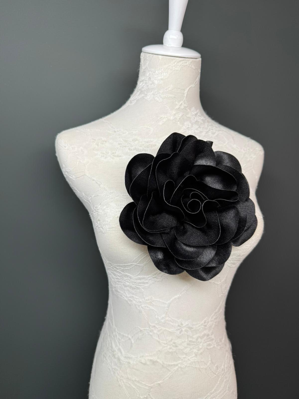 Large 3D Corsage Flower, Luxurious Satin Fabric, 12 Colours, 20cm, 8” Wide, Pin on Corsage, Bridal, Dress, Hair, Wedding, Race Day, Black