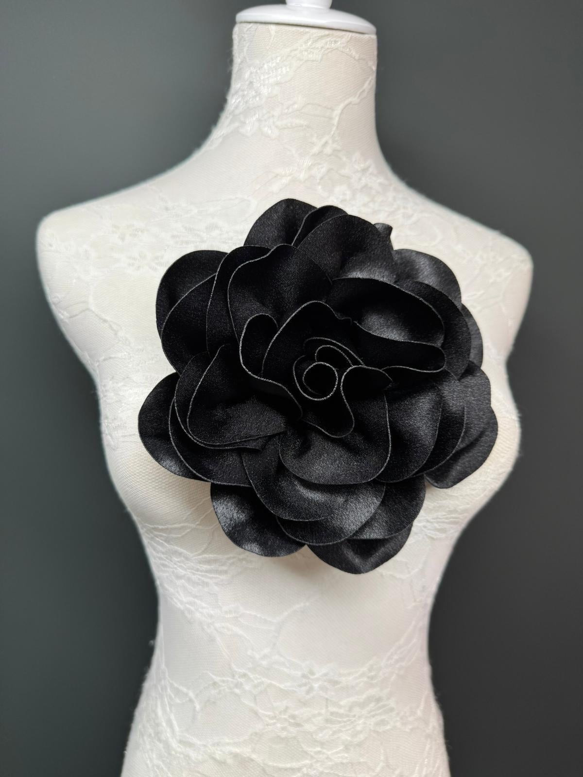 Large 3D Corsage Flower, Luxurious Satin Fabric, 12 Colours, 20cm, 8” Wide, Pin on Corsage, Bridal, Dress, Hair, Wedding, Race Day, Black