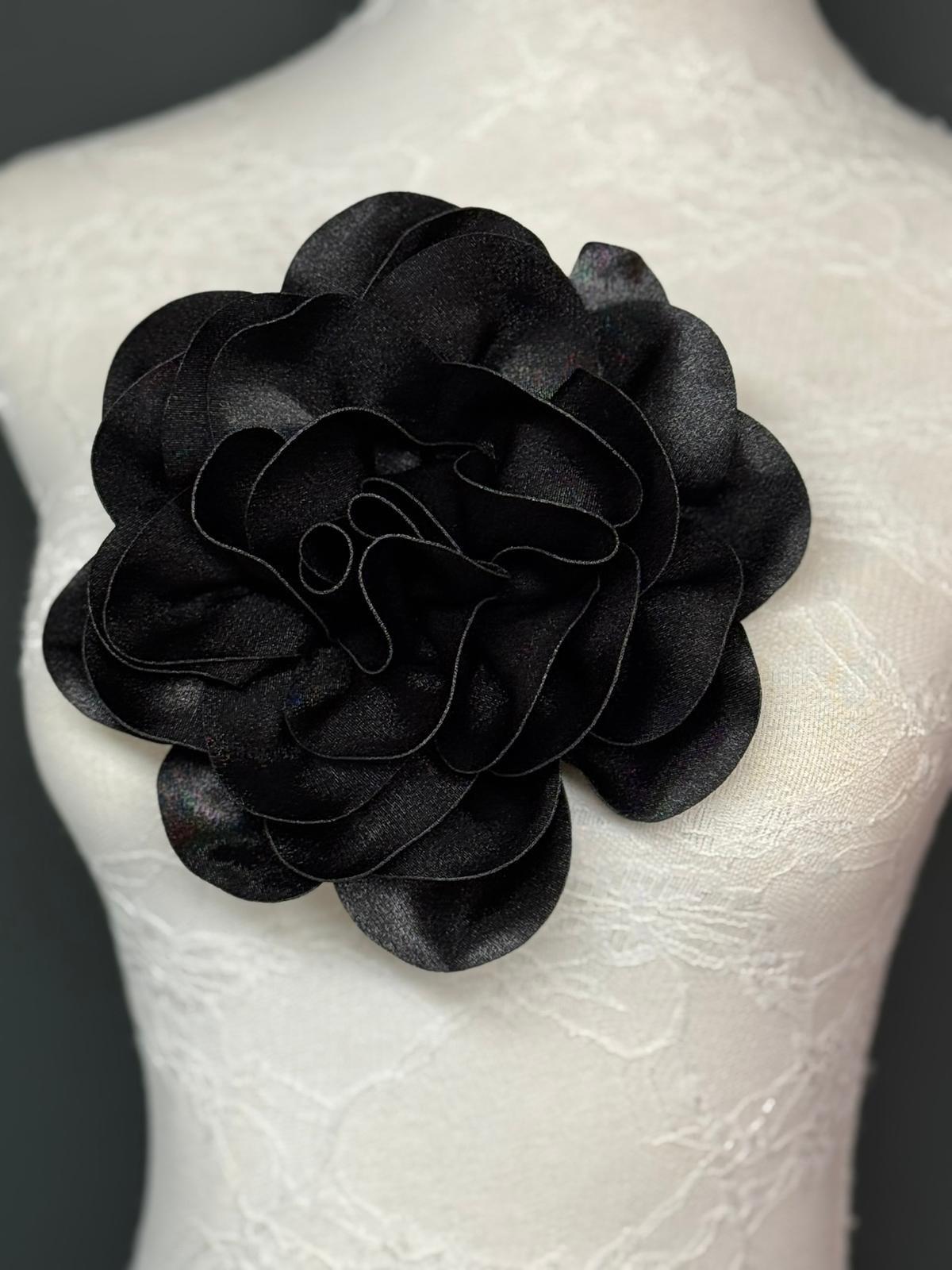 Large 3D Corsage Flower, Luxurious Satin Fabric, 12 Colours, 20cm, 8” Wide, Pin on Corsage, Bridal, Dress, Hair, Wedding, Race Day, Black