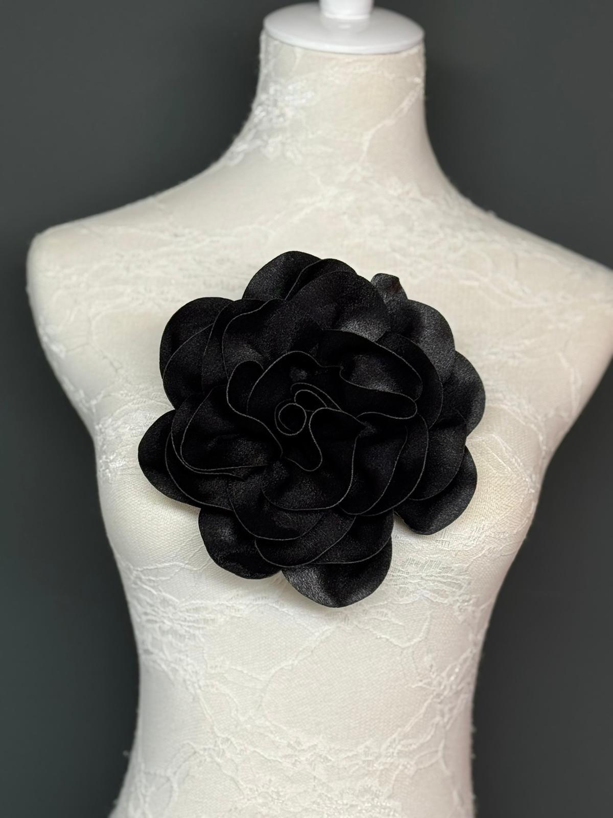Large 3D Corsage Flower, Luxurious Satin Fabric, 12 Colours, 20cm, 8” Wide, Pin on Corsage, Bridal, Dress, Hair, Wedding, Race Day, Black