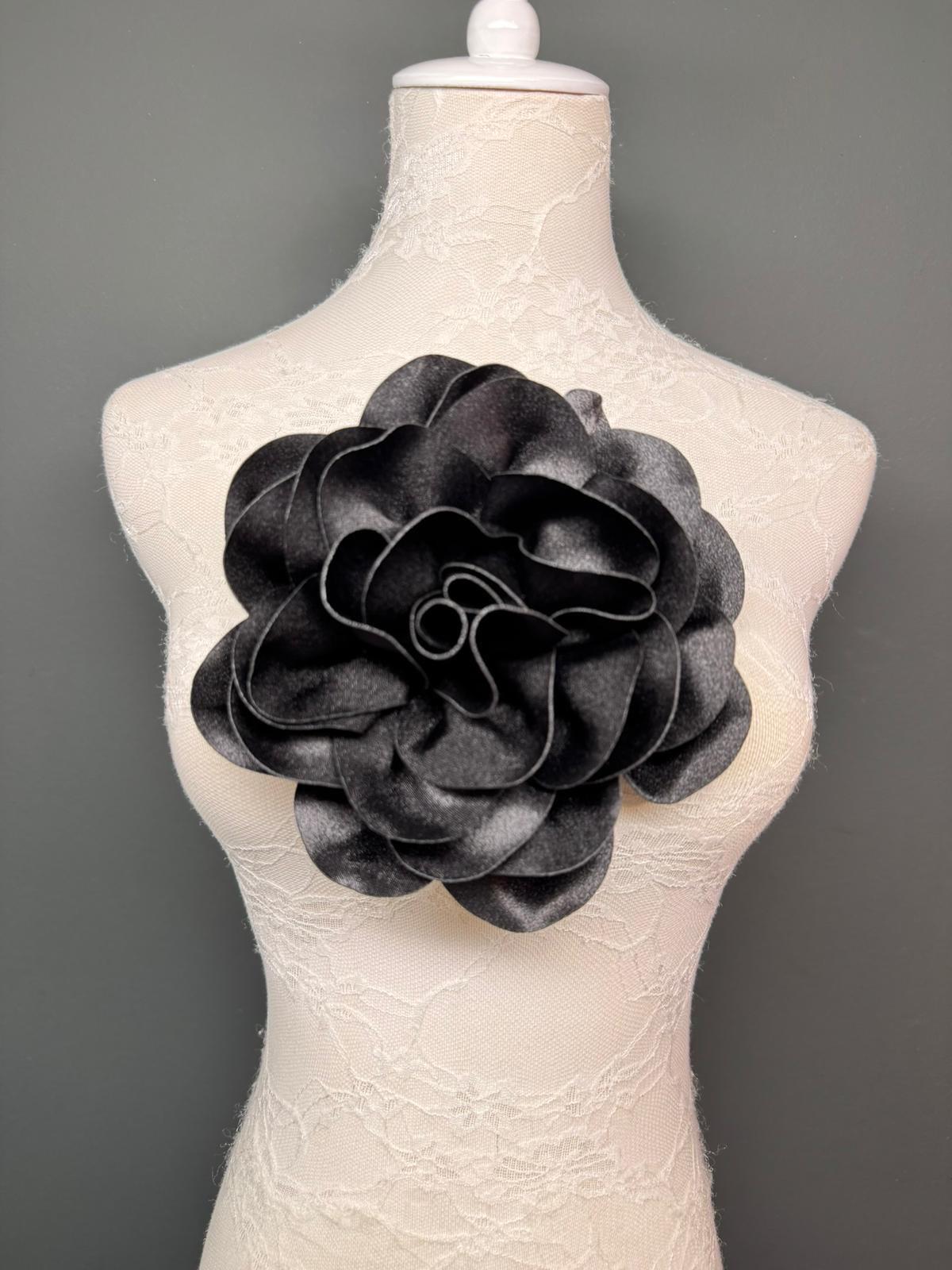Large 3D Corsage Flower, Luxurious Satin Fabric, 12 Colours, 20cm, 8” Wide, Pin on Corsage, Bridal, Dress, Hair, Wedding, Race Day, Black