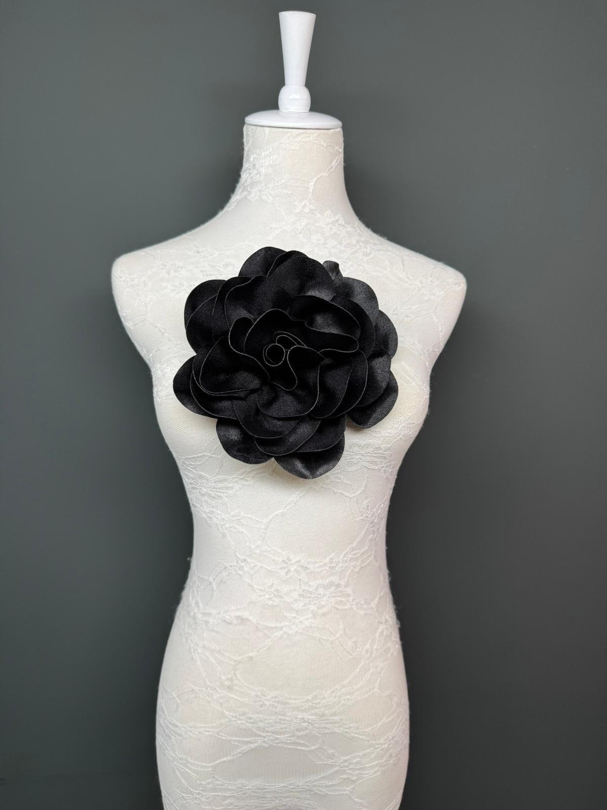 Large 3D Corsage Flower, Luxurious Satin Fabric, 12 Colours, 20cm, 8” Wide, Pin on Corsage, Bridal, Dress, Hair, Wedding, Race Day, Black