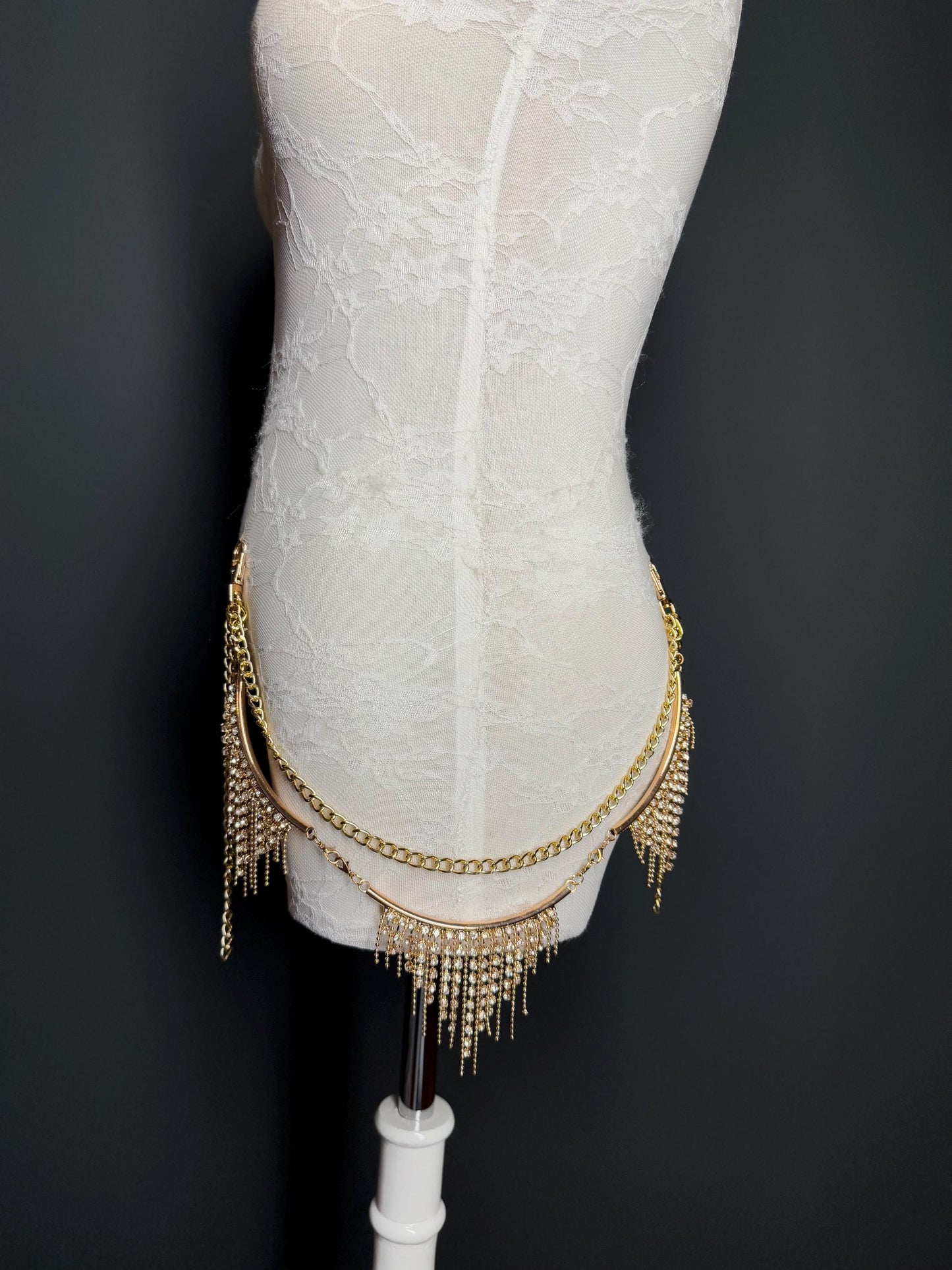 Rhinestone Diamanté Layered Jeans Chains, Bags, Elegant, 3 size selection, Silver, 2 Layers, Festival, Costume, Gift, Gold, Gold Chain