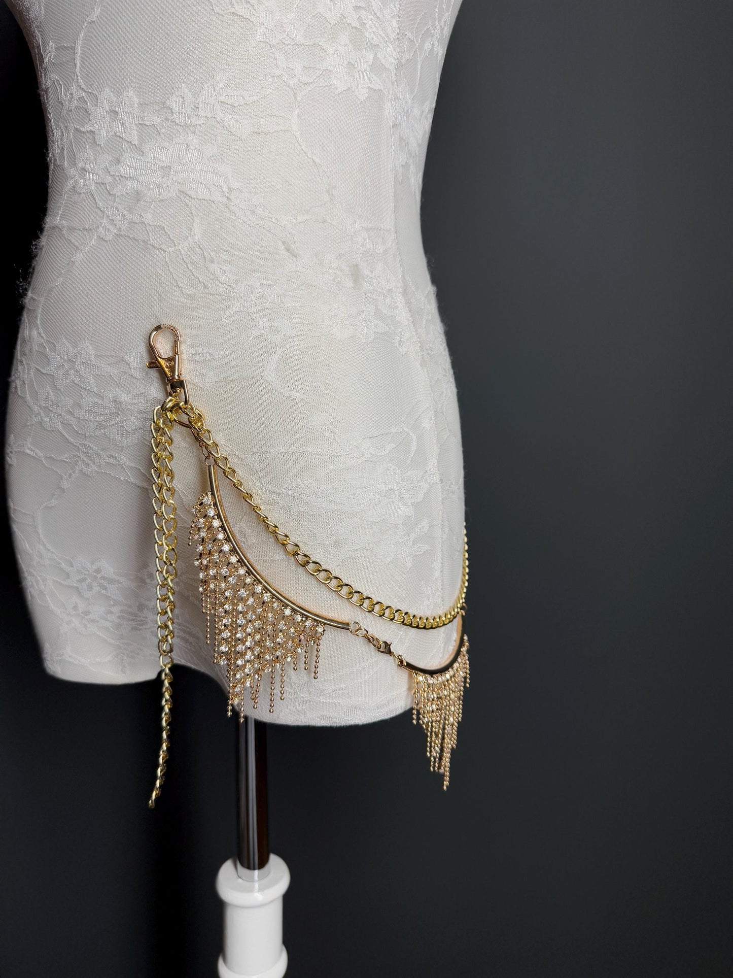 Rhinestone Diamanté Layered Jeans Chains, Bags, Elegant, 3 size selection, Silver, 2 Layers, Festival, Costume, Gift, Gold, Gold Chain