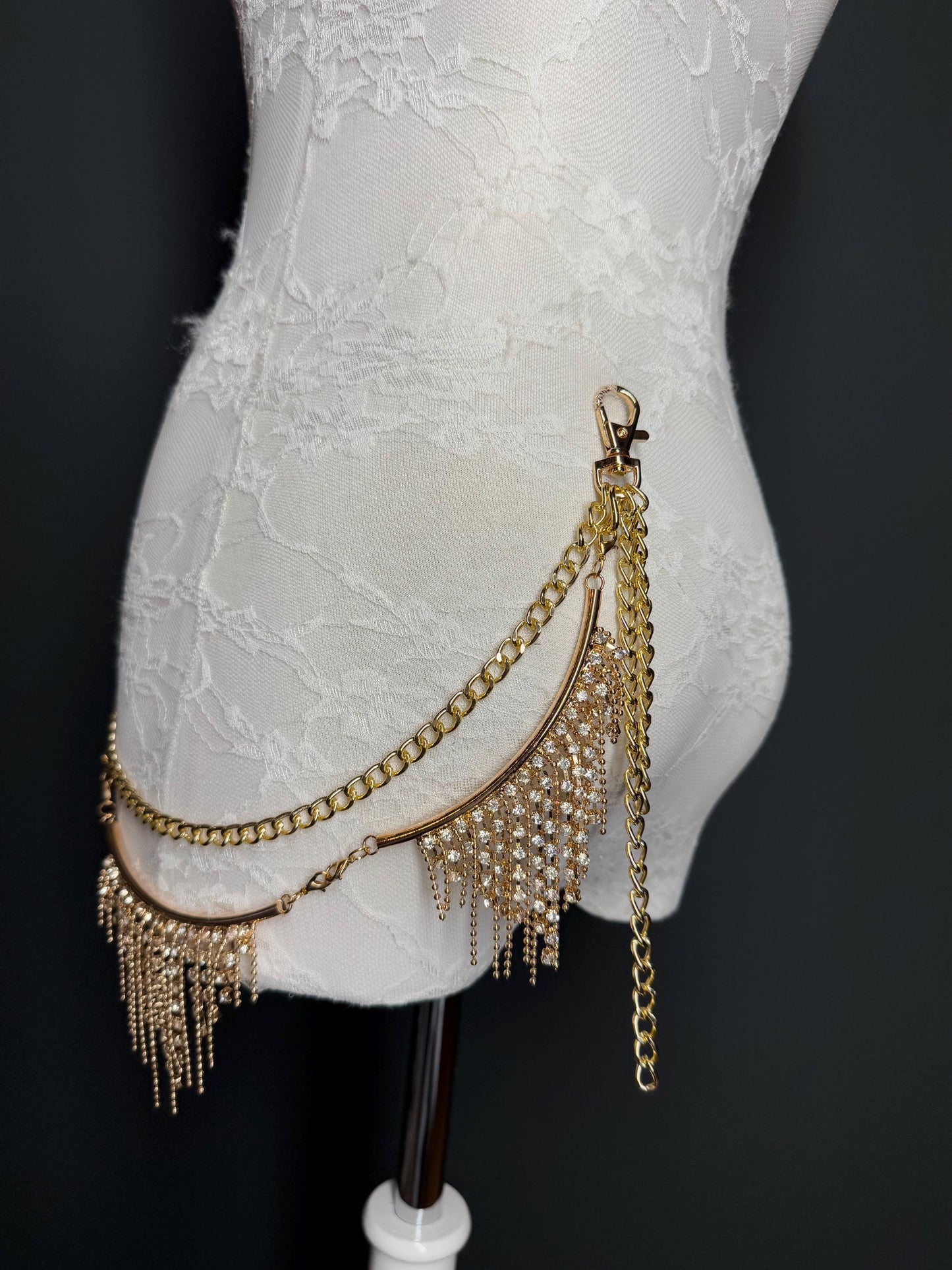 Rhinestone Diamanté Layered Jeans Chains, Bags, Elegant, 3 size selection, Silver, 2 Layers, Festival, Costume, Gift, Gold, Gold Chain