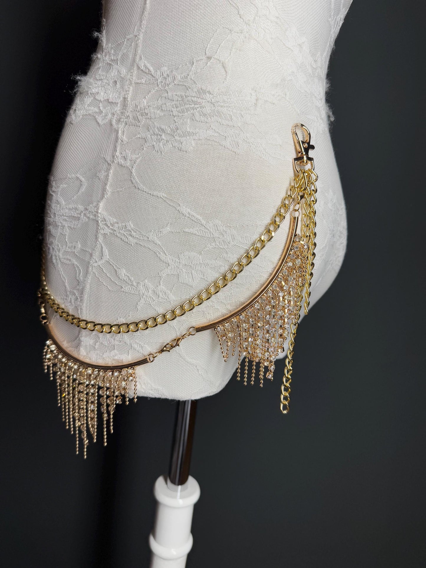 Rhinestone Diamanté Layered Jeans Chains, Bags, Elegant, 3 size selection, Silver, 2 Layers, Festival, Costume, Gift, Gold, Gold Chain