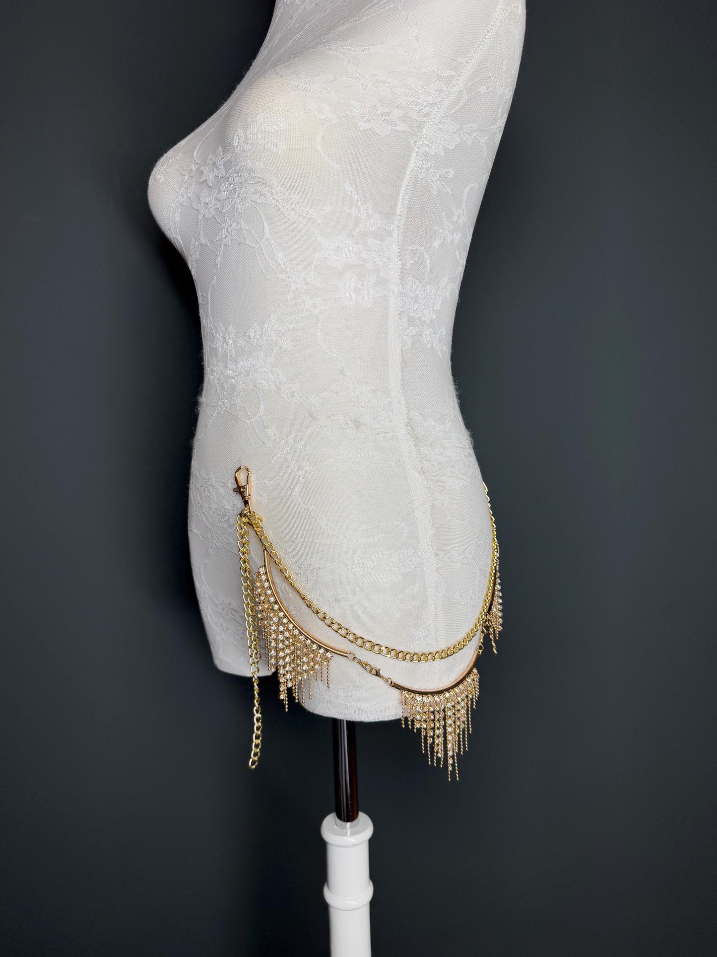 Rhinestone Diamanté Layered Jeans Chains, Bags, Elegant, 3 size selection, Silver, 2 Layers, Festival, Costume, Gift, Gold, Gold Chain