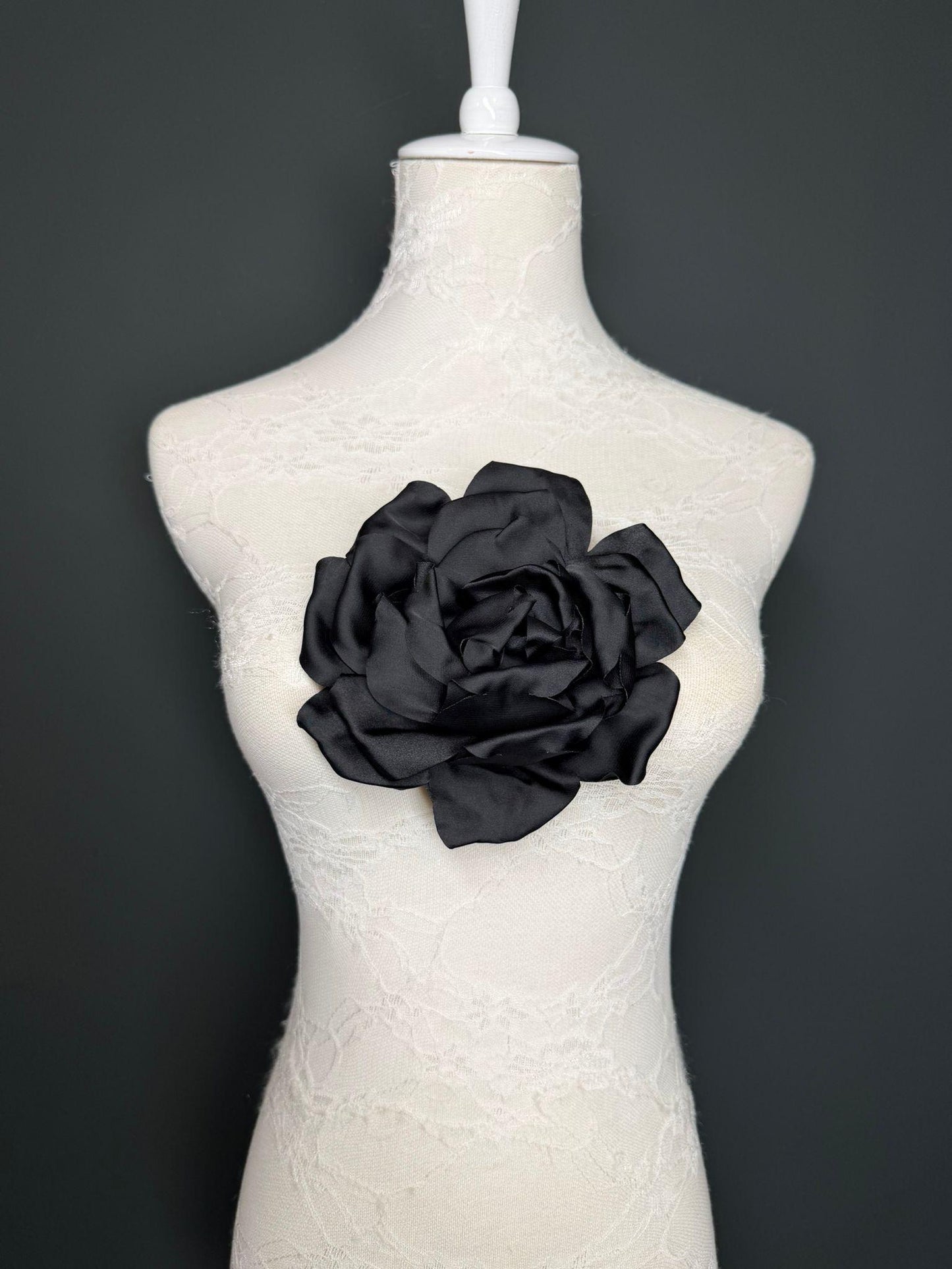 Black Handmade Satin Corsage Flower, Pin-On Brooch (6" Wide)