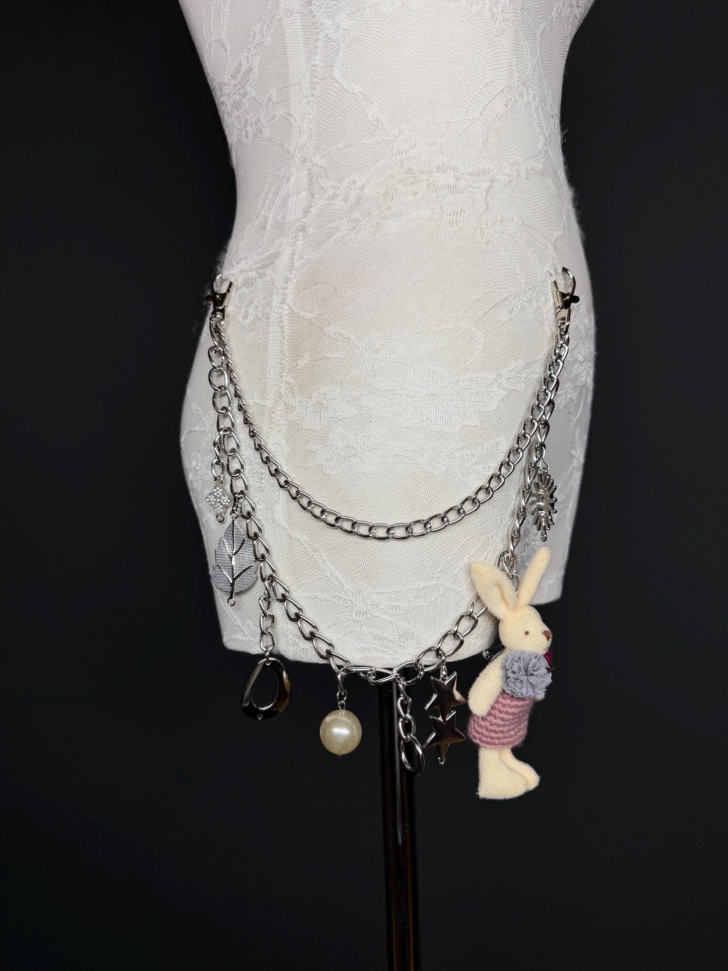 Handmade Jeans Chain with Charms, Silver Metal, Custom Length