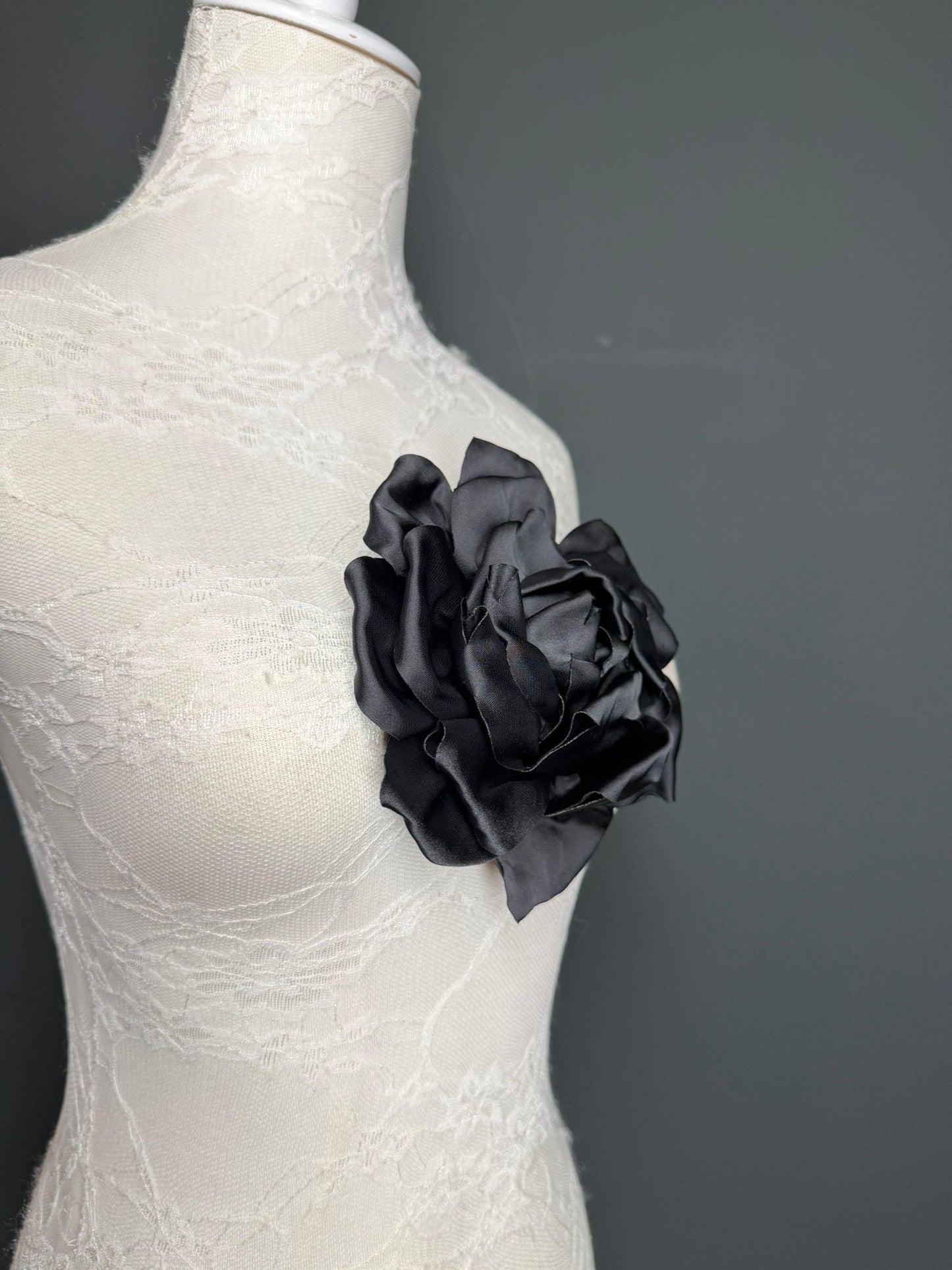 Black Handmade Satin Corsage Flower, Pin-On Brooch (6" Wide)