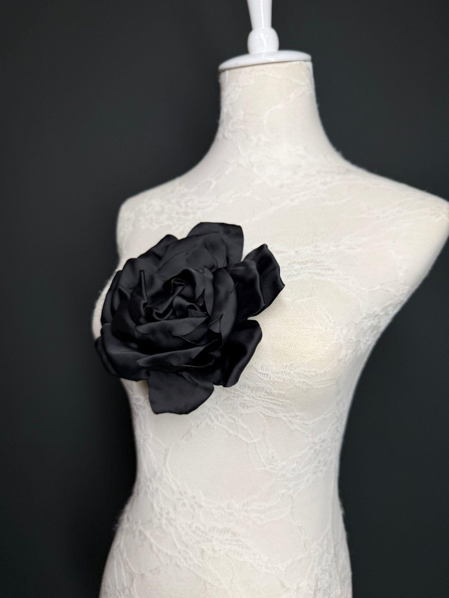 Black Handmade Satin Corsage Flower, Pin-On Brooch (6" Wide)