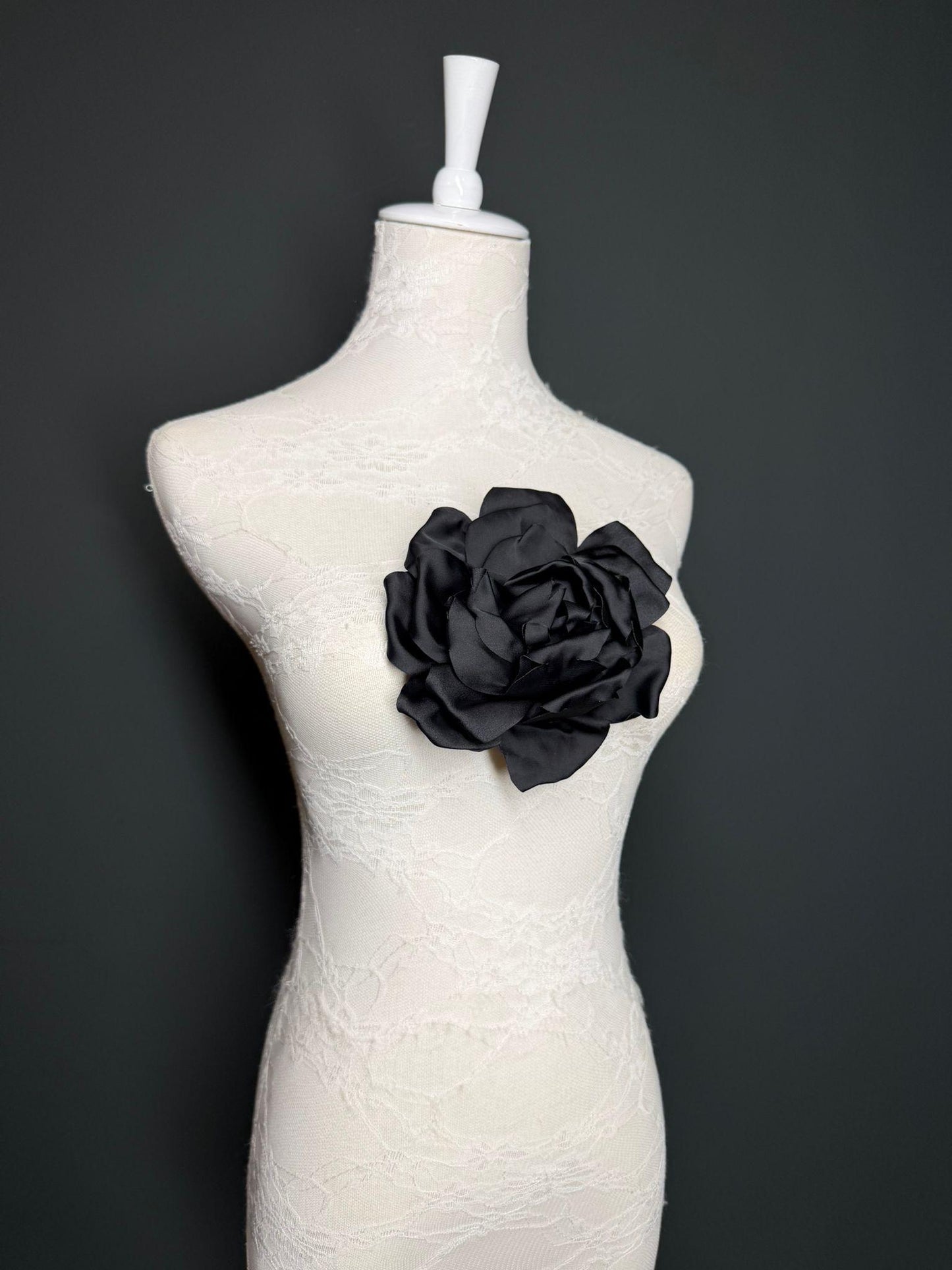 Black Handmade Satin Corsage Flower, Pin-On Brooch (6" Wide)